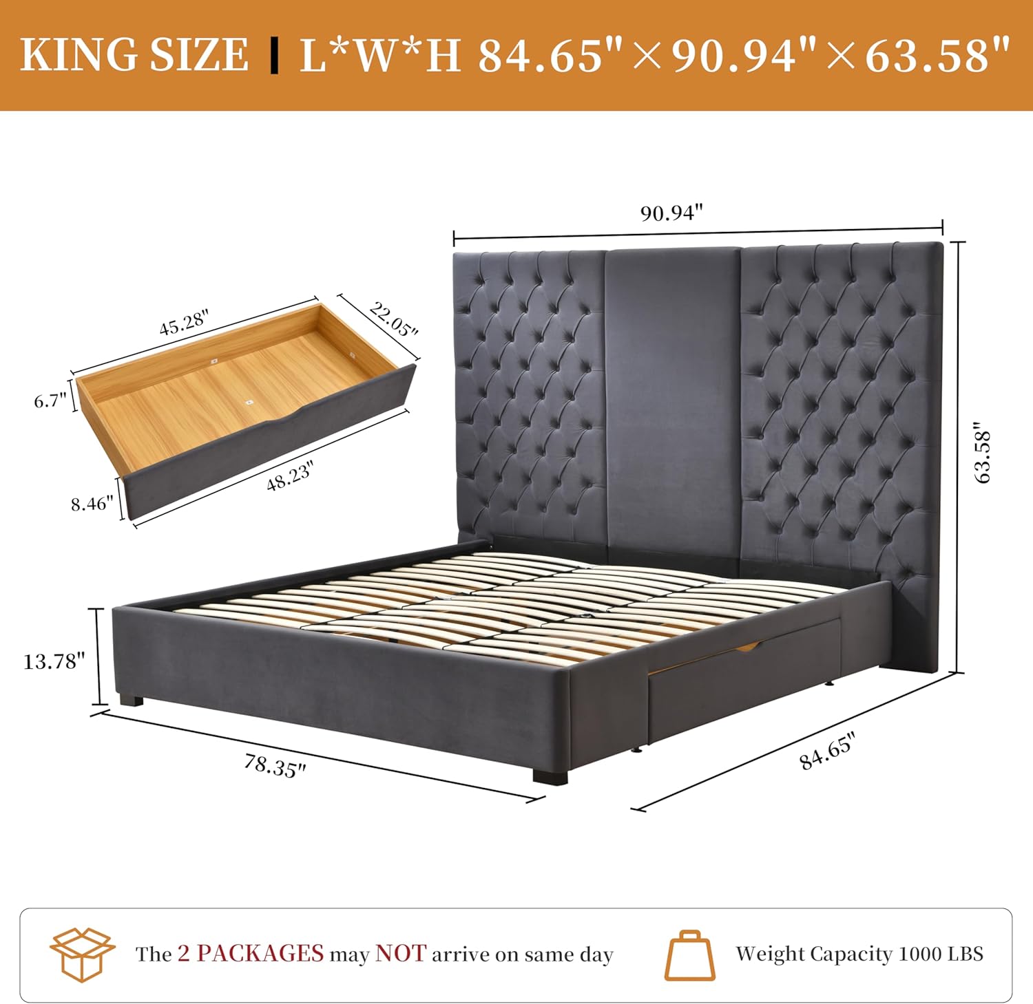 King Size Bed Frame with 63" Tall Headboard, Velvet Fabric Upholstered Platform Bed with 2 Large Storage Drawers, Deep Button Tufted, Wooden Slats, Easy Assembly, No Box Spring Needed, Gray