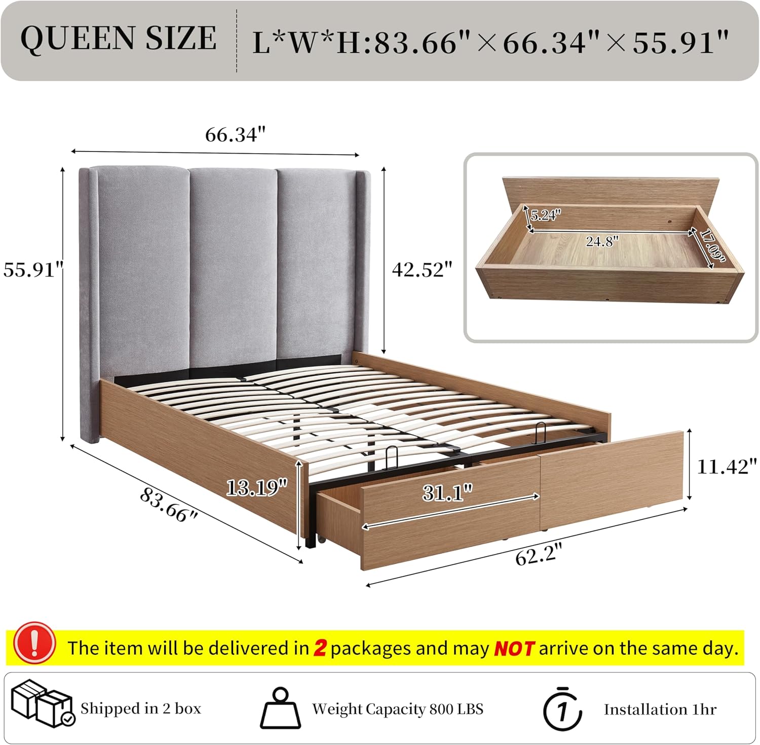 Queen Size Upholstered Bed Frame, Extra High Wingback Headboard and 2 Footboard Storage Drawers, Linen Fabric, Light Oak Wood-Finish Base, No Box Spring Needed, Easy Assembly, Light Gray