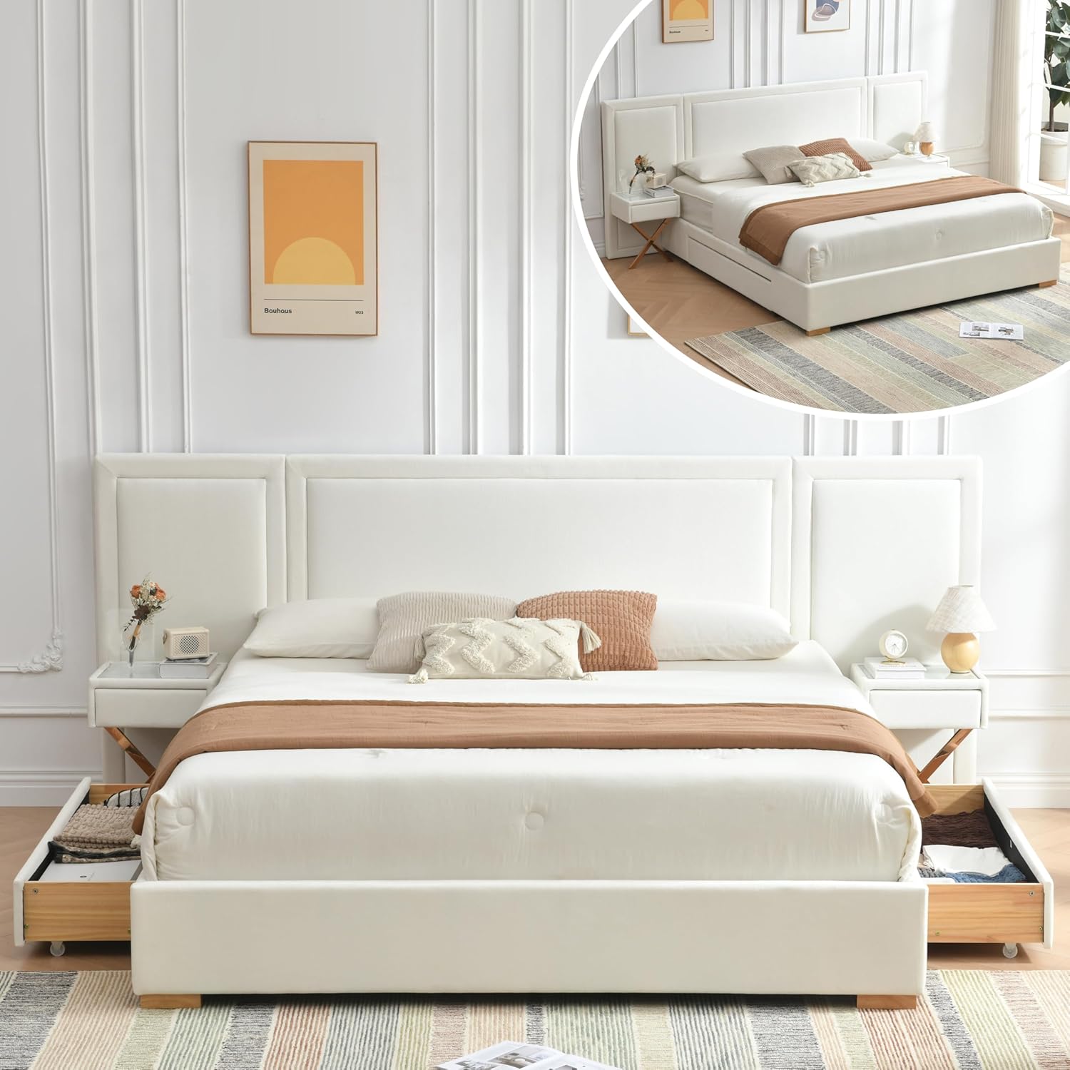 King Bed Frame with Storage, Bed Frame with Nightstands & Drawers, Velvet Upholstered Platform Bed Frame with Headboard, Noise-Free, Wood Slats, No Box Spring Needed, Easy Assembly, White