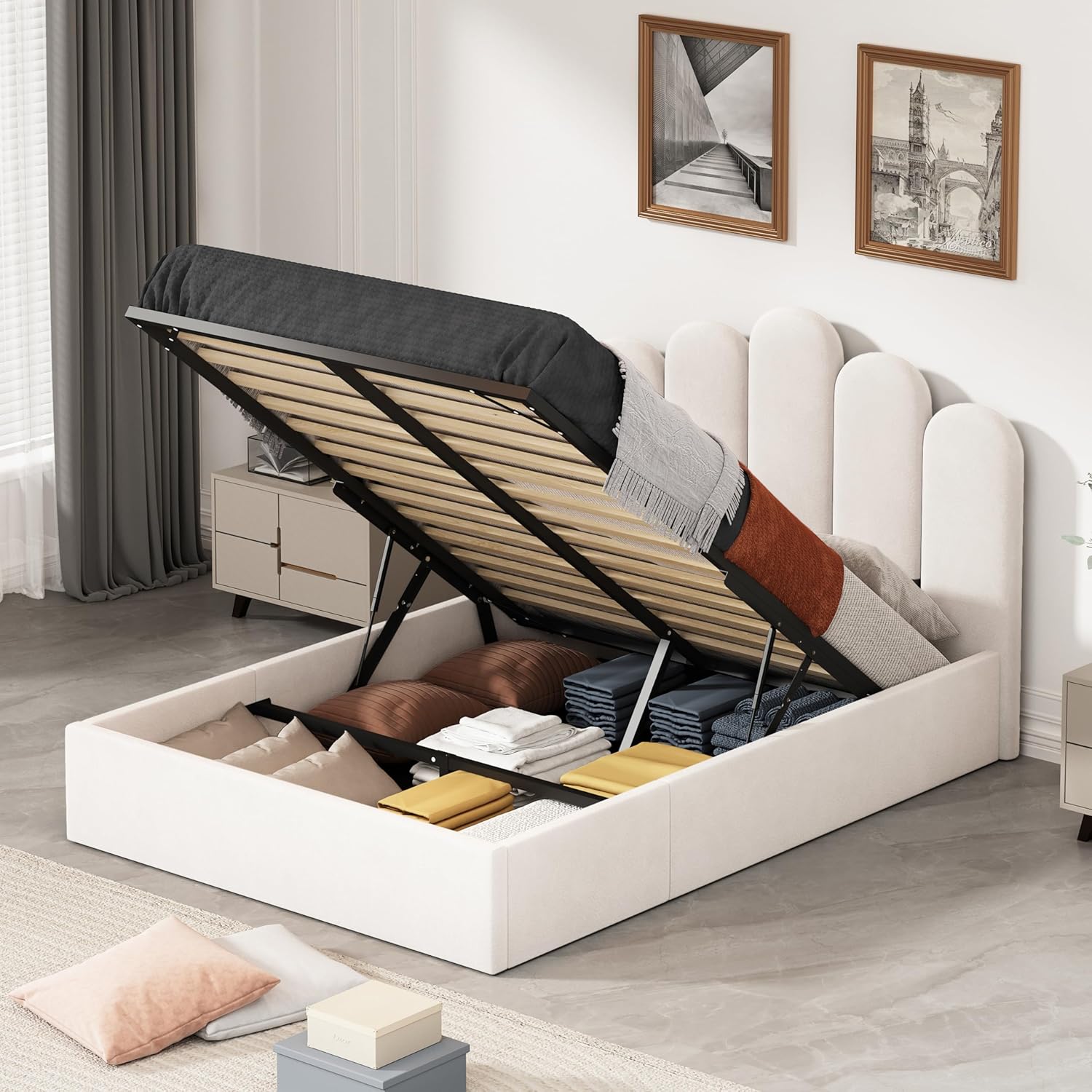 Queen Size Lift Up Storage Bed, Velvet Headboard Upholstered Platform Bed Frame, Hydraulic Storage System, Wooden Slats Support, No Box Spring Needed, Easy Assembly, Gray