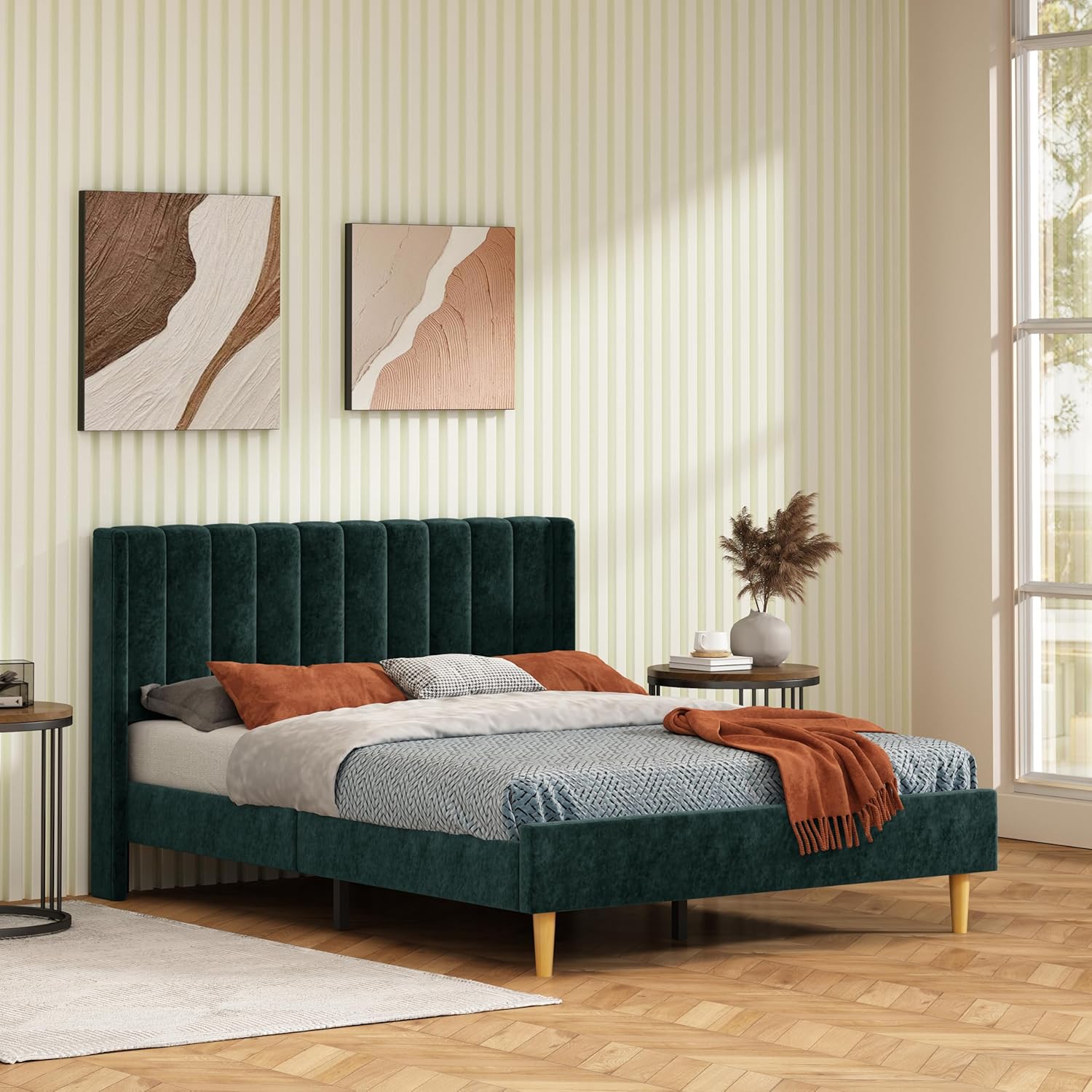 Twin Size Platform Bed Frame with Wingback Headboard, Velvet Fabric Upholsteredand, Metal Frame & Wooden Slats Support, No Box Spring Needed, Easy Assembly, Gray