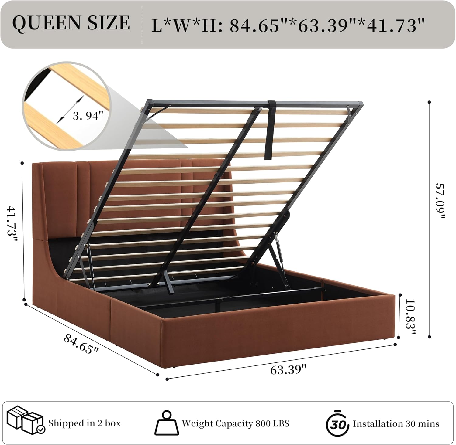Queen Size Velvet Lift Up Storage Bed, Modern Wingback Headboard, Upholstered Platform Bed with Hydraulic Support, Metal Frame & Wood Slats, No Box Spring Needed, Easy Assembly, Ocher