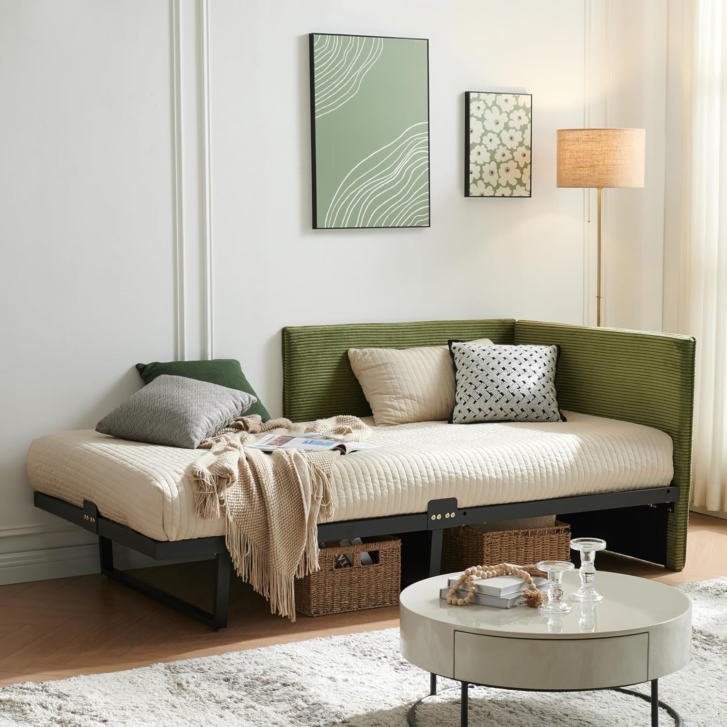 Twin Size Daybed Frame, Corduroy Upholstered Sofa Bed Guest Bed with Versatile Side Placement, Wood Slat Support, Perfect for Kids & Teens Rooms, No Box Spring Needed, Easy Assembly, Cream