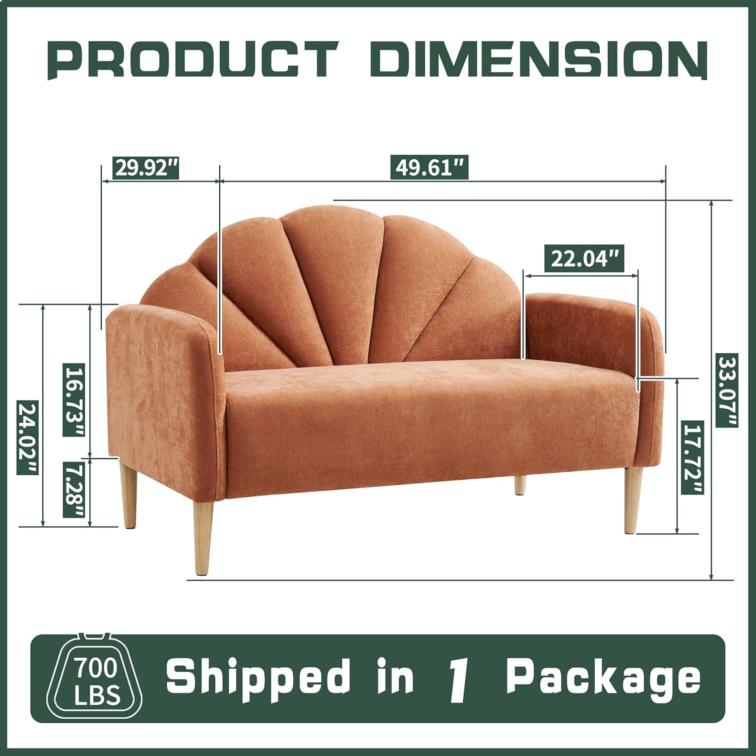 49.61" Loveseat Sofa, Mid Century Modern 2-Seater Sofa Couch for Living Room, Cozy Linen Fabric Upholstered Furniture with Wooden Legs, Small Couch for Small Spaces, Easy Assemlby, Orange