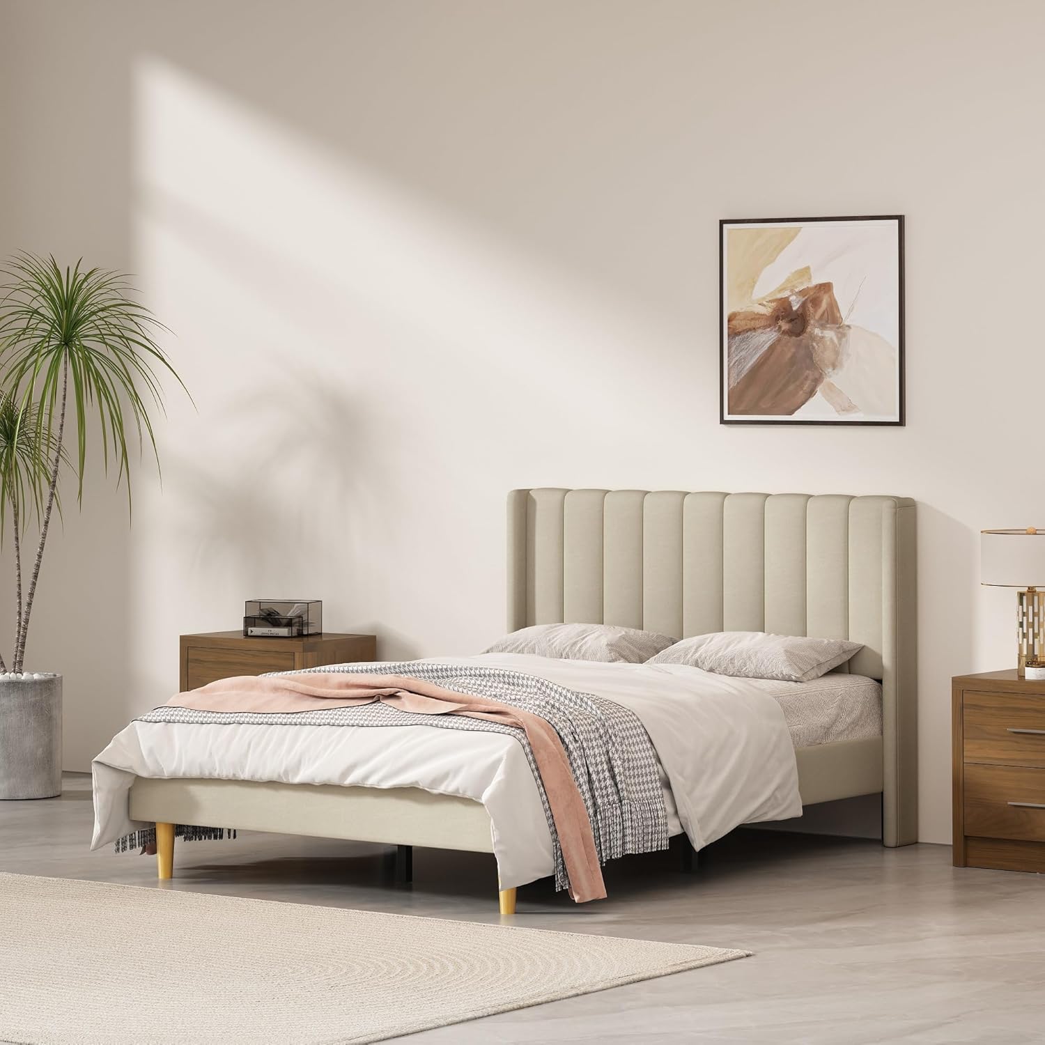 Queen Size Upholstered Platform Bed Frame with Headboard and Legsboard, Wooden Slats, Velvet Fabric, 5.9" Wood Bed Legs, No Box Spring Needed, Easy Assembly, Cream