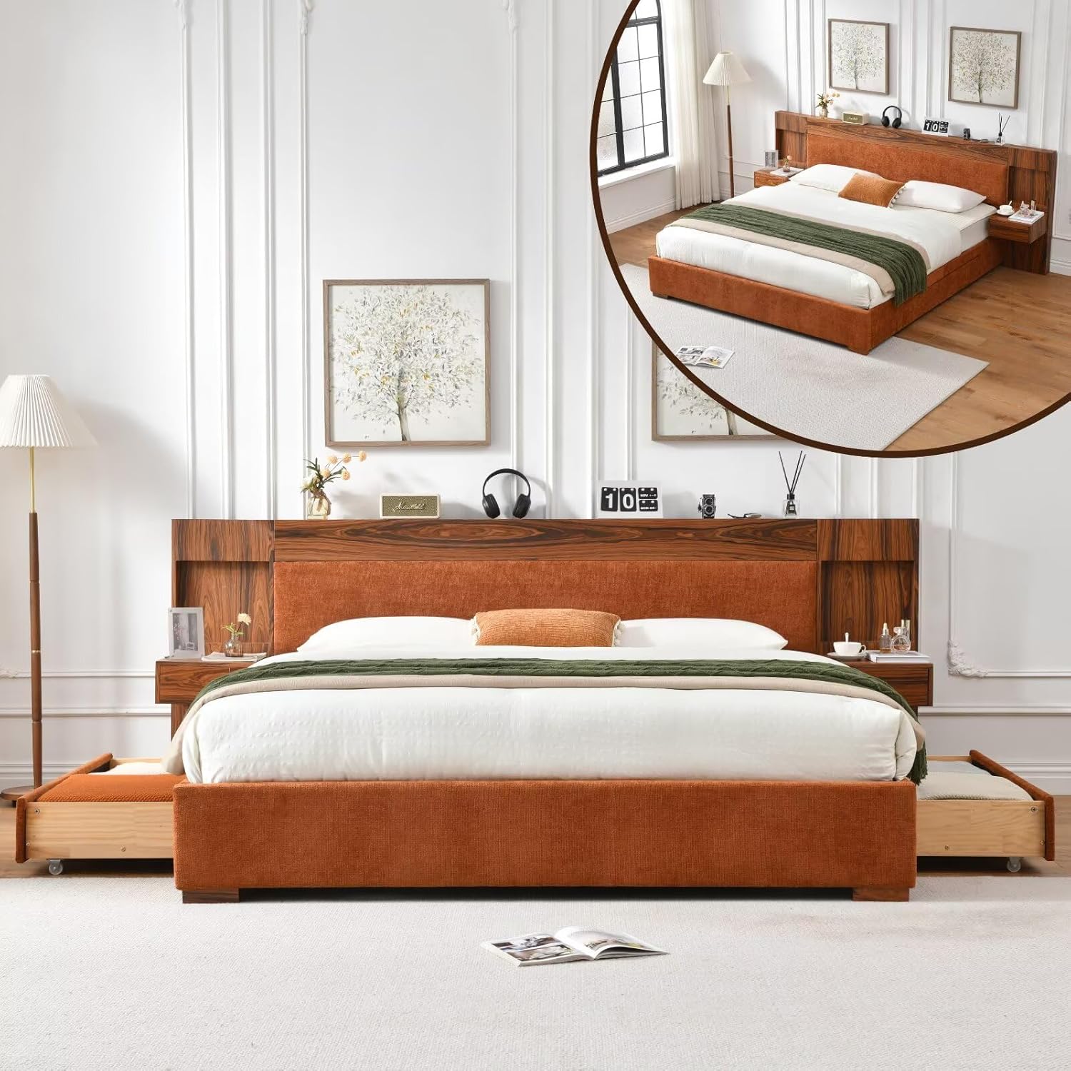 King Size Wood Bed Frame with Built-in Nightstands, Linen Platform Bed Frame with 2 Drawers, Natural Wood Grain & Luxury Upholstered Storage Headboard, No Box Spring Needed, Easy Assembly, Cream