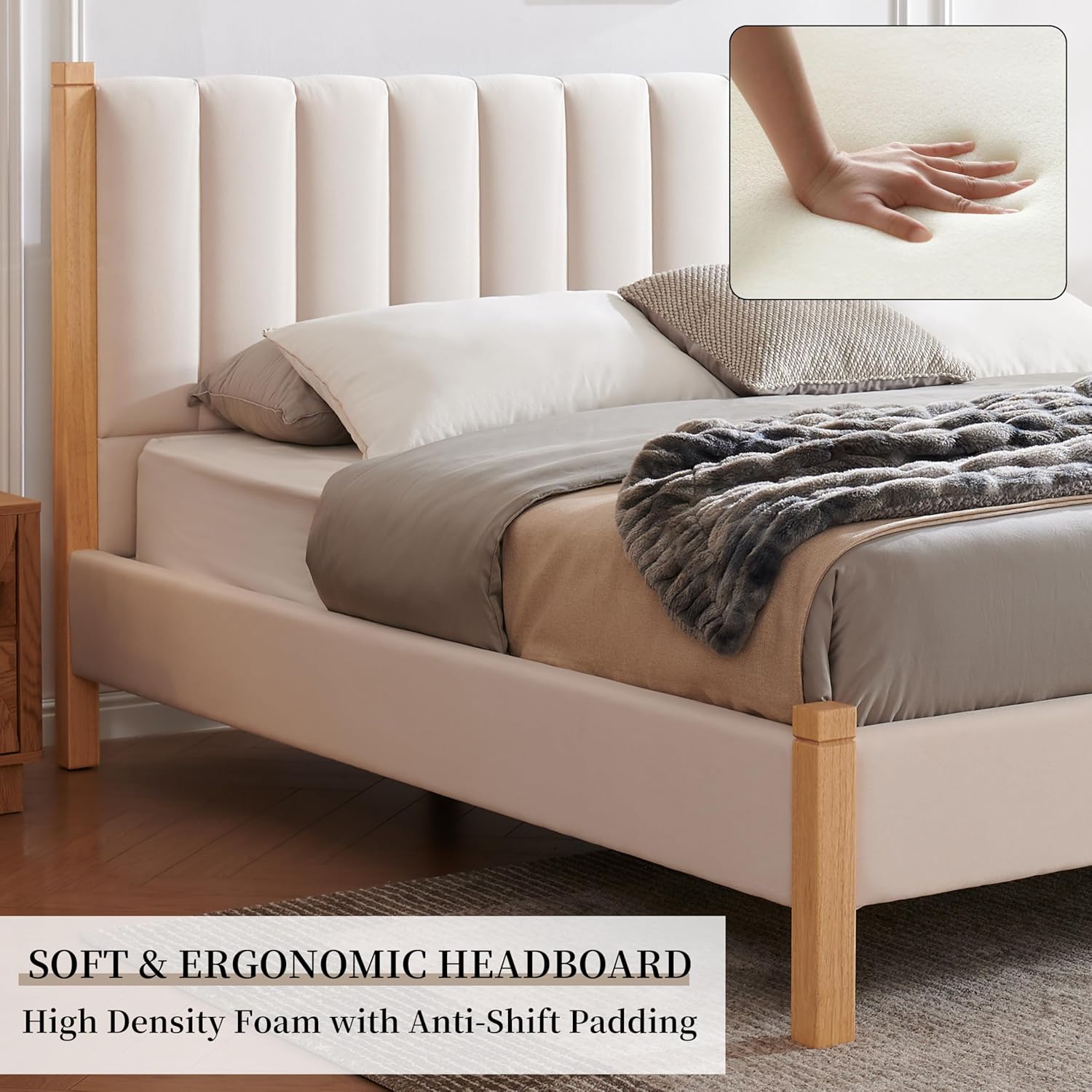 King Size Upholstered Bed Frame, Piano Key-Inspired Headboard, Linen Fabric, 4 Solid Wood Legs, Sturdy Metal & Wood Slats Construction, No Box Spring Needed, Easy Assembly, Beige