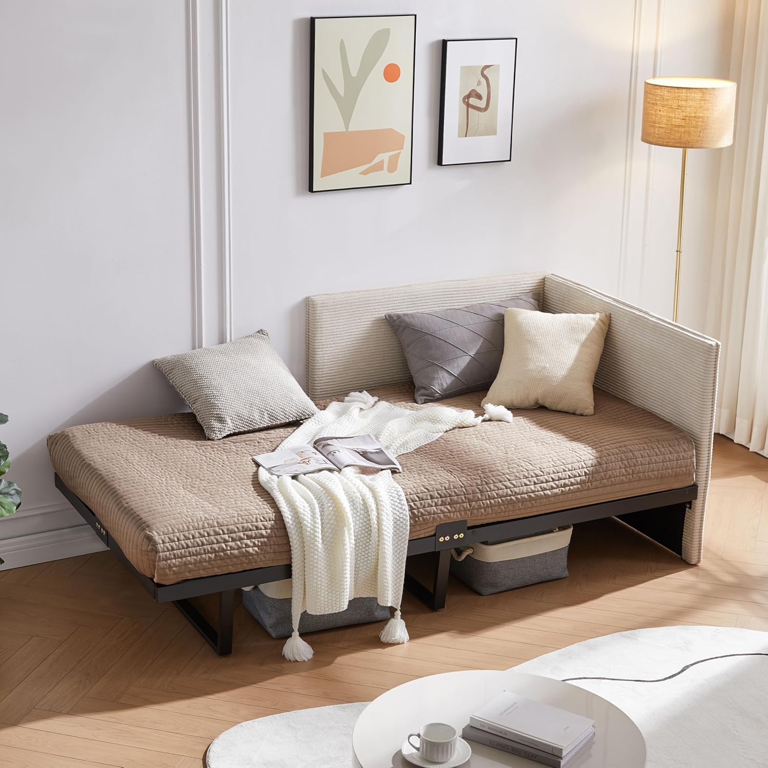 Twin Size Upholstered Daybed Frame, Corduroy Corner Sofa Bed, Guest Bed with Versatile Side Placement, Wood Slat Support, Kids & Teens Rooms, No Box Spring Needed, Easy Assembly, Cream