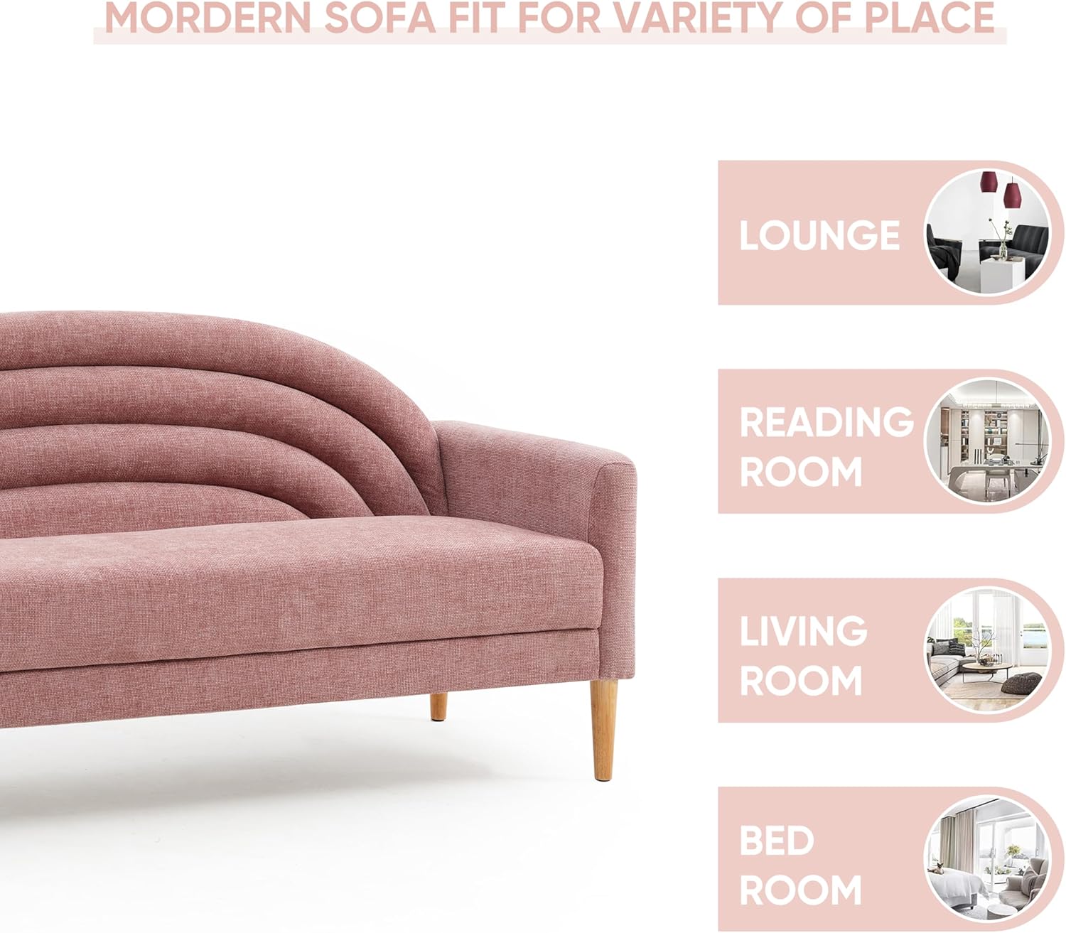 64.17" W Modern Loveseat Sofa Simple Assembly 3-Seat Couch for Living Room Wooden Legs Linen Upholstery (Pink)