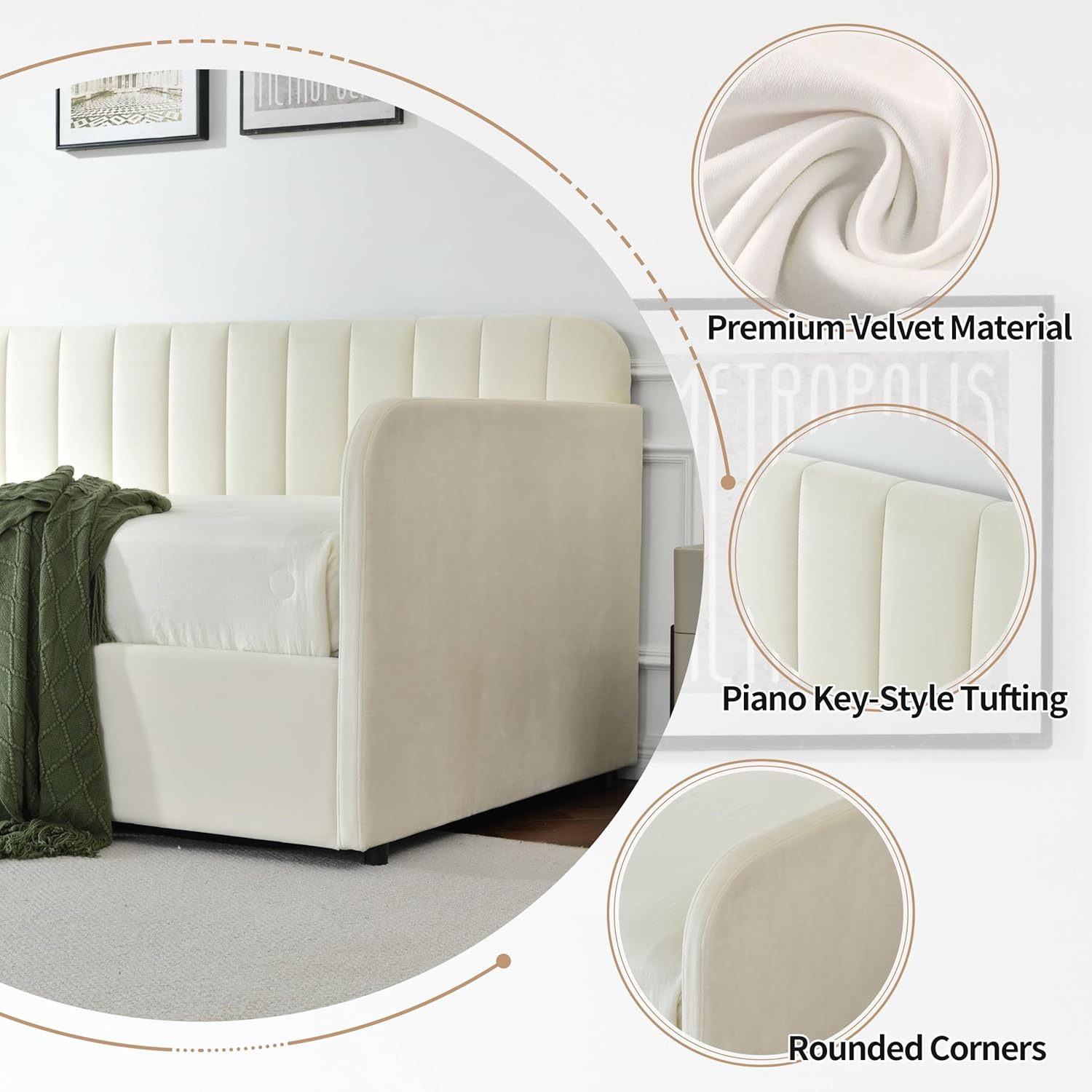 Twin Daybed with Storage, Velvet Upholstered Daybed with Vertical Channel Tufted Headboard, Solid Support, No Box Spring Needed, Easy Assembly, Cream