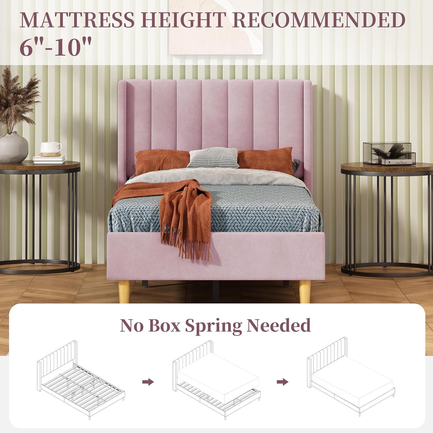 Twin Size Bed Frame, Velvet Upholstered Platform Bed with Vertical Channel Tufted Wingback Headboard, Wooden Slats Support, No Box Spring Needed, Noise-Free, Easy Assembly, Pink
