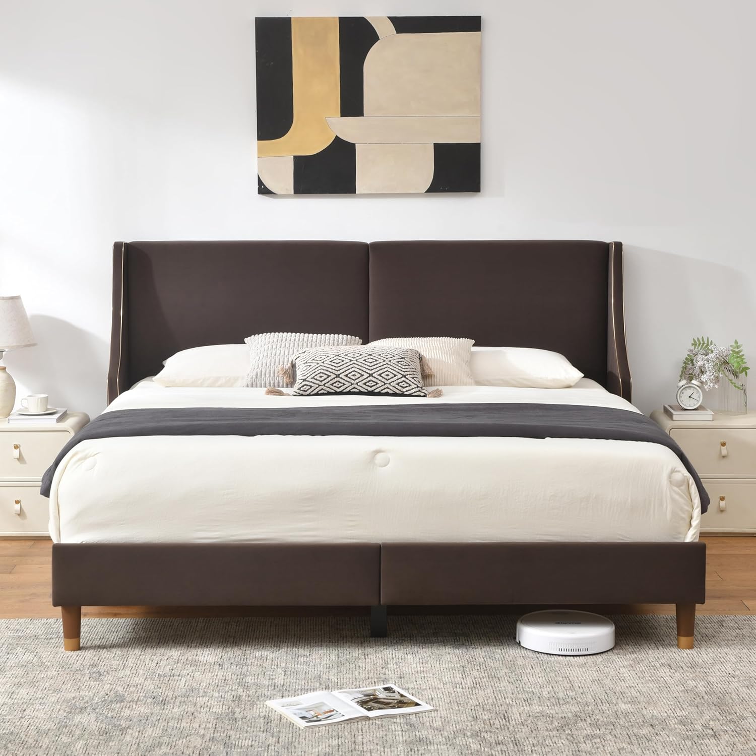 Queen Size Upholstered Platform Bed Frame, 15.16" Gold Edge Wingback Headboard, Linen Fabric & Wooden Slats, No Box Spring Needed, Easy Assembly, Beige