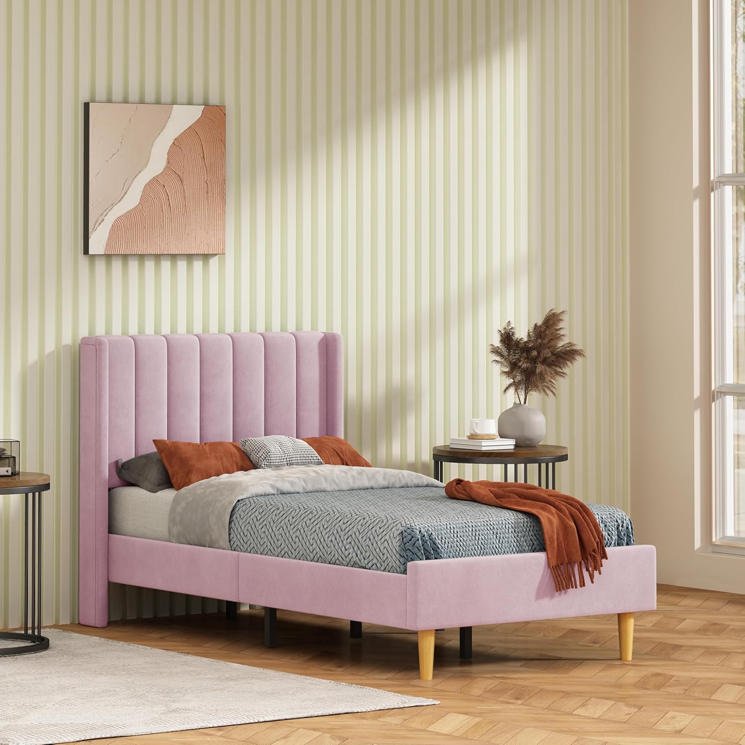 Twin Size Bed Frame, Velvet Upholstered Platform Bed with Vertical Channel Tufted Wingback Headboard, Wooden Slats Support, No Box Spring Needed, Noise-Free, Easy Assembly, Pink