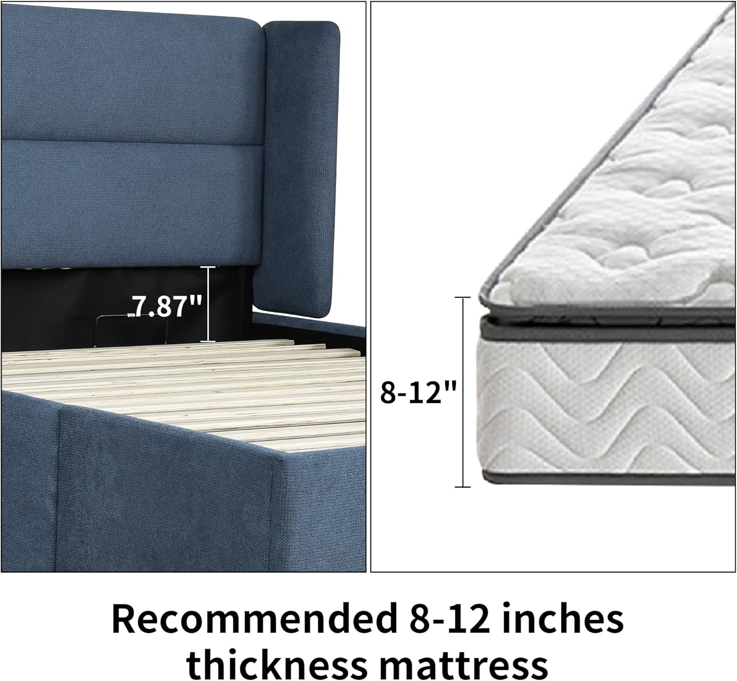 King Size Bed Frame with Storage, Upholstered Platform with Hydraulic, Flannel Fabric Wingback Headboard, Noiseless Wooden Slat Support, No Box Spring Needed, Misty Blue