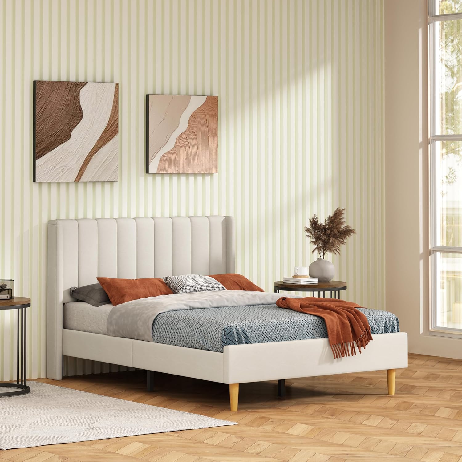 Twin Size Bed Frame, Velvet Upholstered Platform Bed with Vertical Channel Tufted Wingback Headboard, Wooden Slats Support, No Box Spring Needed, Noise-Free, Easy Assembly, Pink