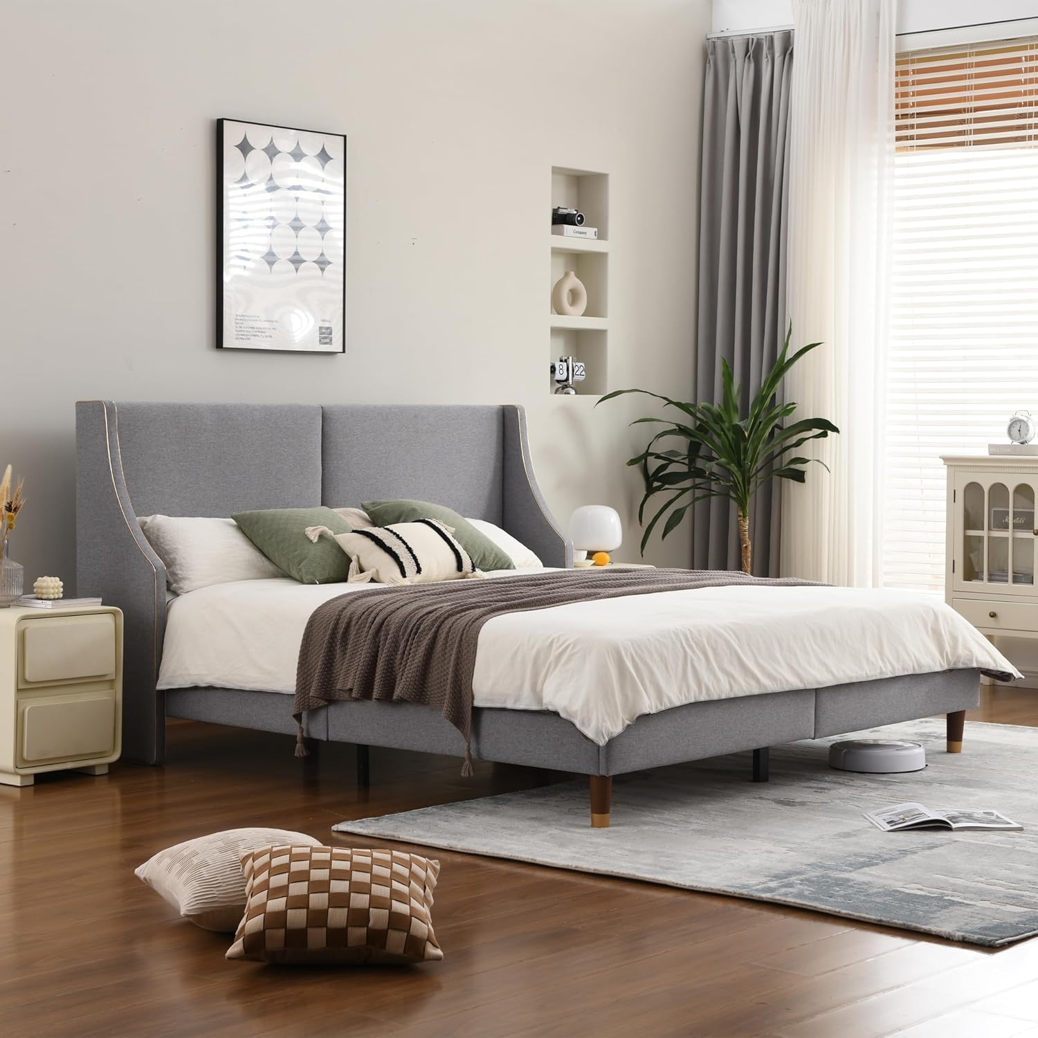 King Size Upholstered Platform Bed Frame, Linen Headboard, Metal Frame Wooden Slat Support, Golden PVC Material Edge,No Box Spring Needed, High Wood Foot, Easy to Assemble, Beige