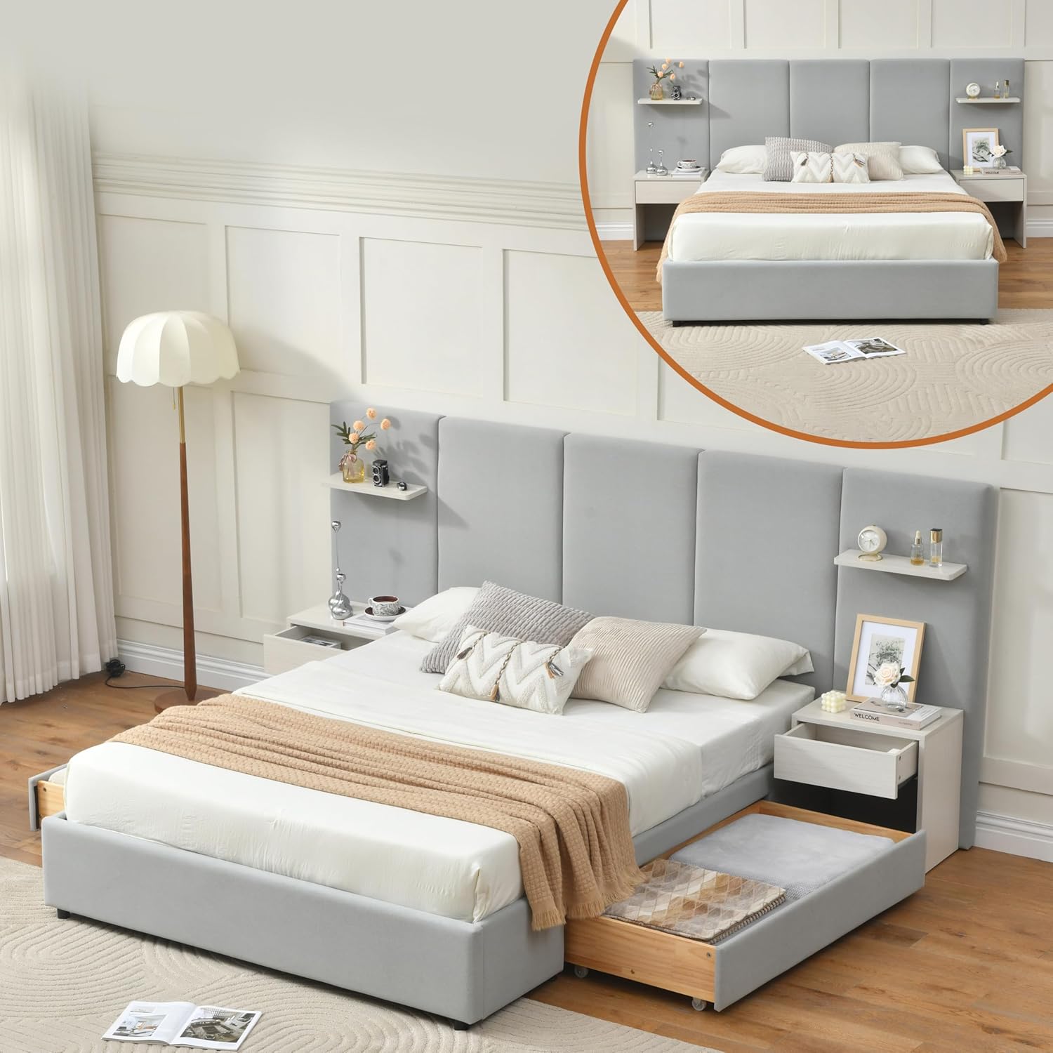 Queen Bed Frame with Storage & Built-in Nightstands, Velvet Upholstered Platform Bed Frame with Drawers & 2 Floating Storage Shelves, Noise-Free, No Box Spring Needed, Easy Assembly, Beige