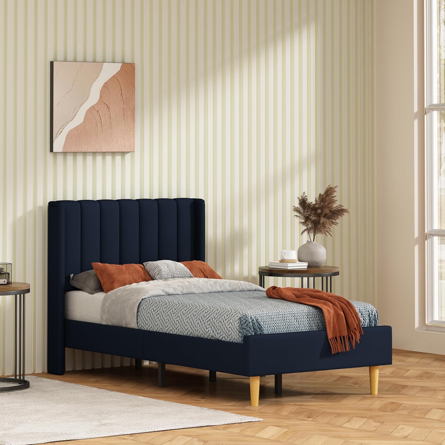 Twin Size Platform Bed Frame with Wingback Headboard, Velvet Fabric Upholsteredand, Metal Frame & Wooden Slats Support, No Box Spring Needed, Easy Assembly, Gray