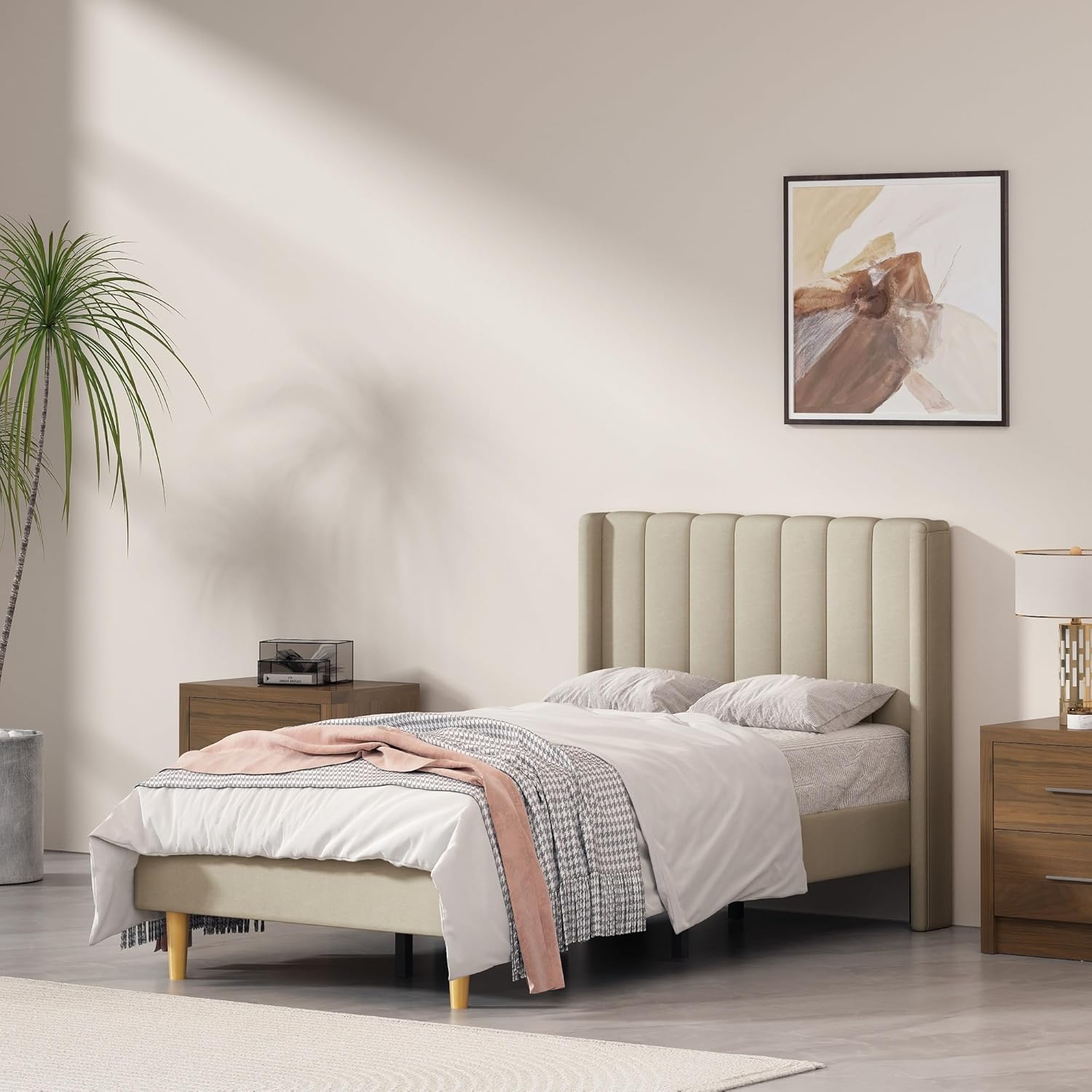 Queen Size Upholstered Platform Bed Frame with Headboard and Legsboard, Wooden Slats, Velvet Fabric, 5.9" Wood Bed Legs, No Box Spring Needed, Easy Assembly, Cream