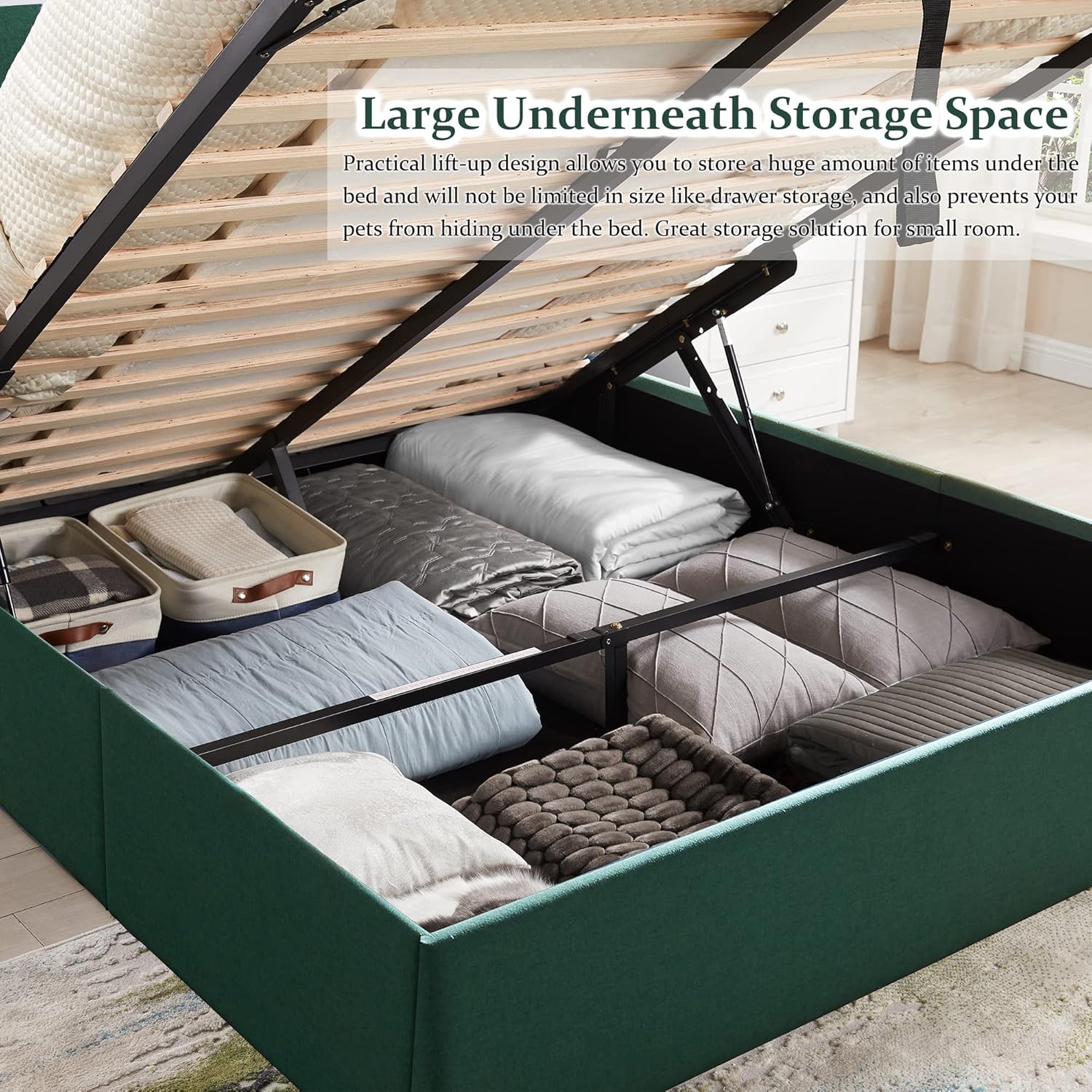 Full Size Upholstered Platform Bed Frame with Wingback Headboard, Wood Slats Support, Noiseless, Easy Assembly, No Box Spring Needed, Green
