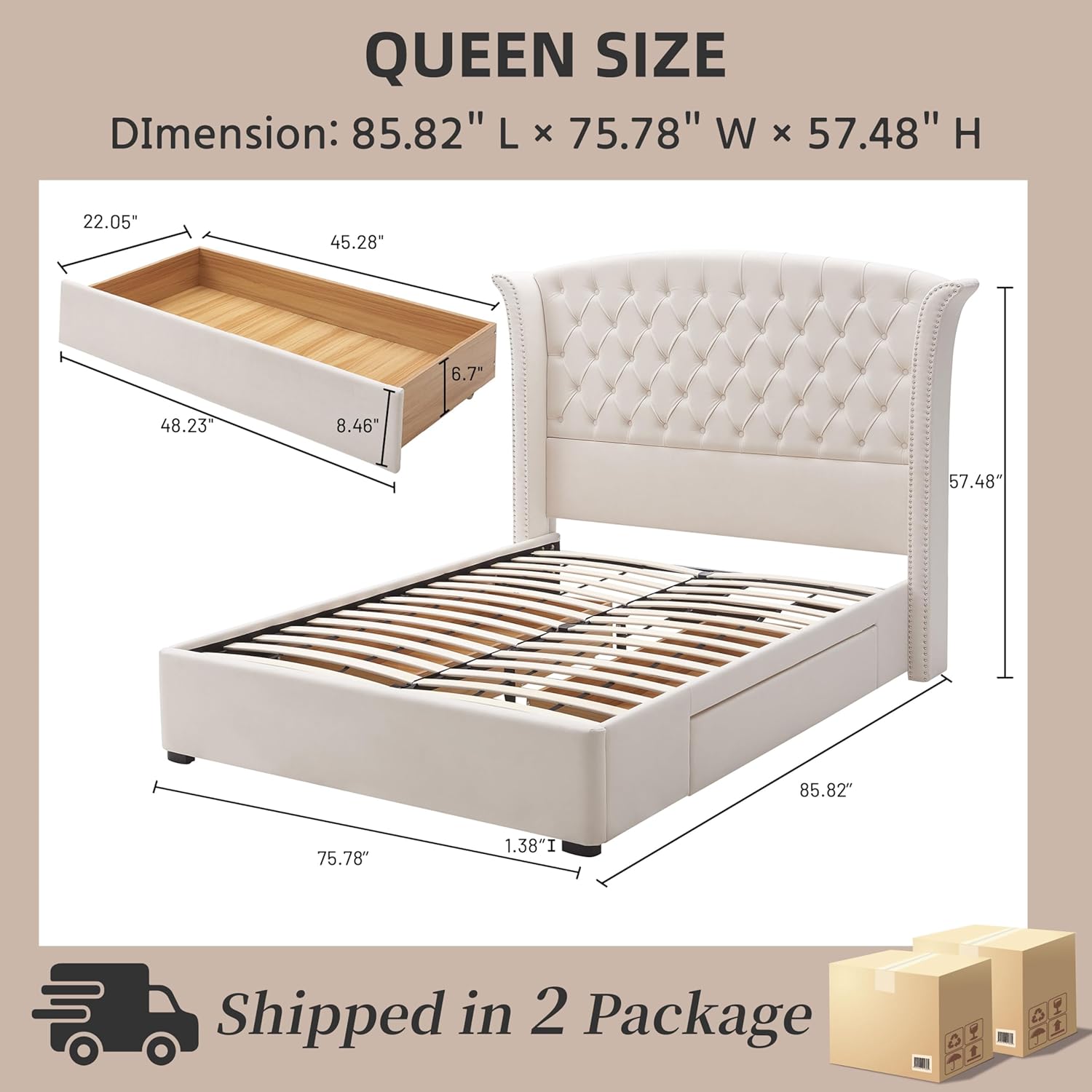Upholstered Queen Size Bed Frame with 2 Storage Drawers, Button Tufted Wingback Headboard, Heavy Duty Mattress Foundation with Wooden Slats, No Box Spring Needed, Easy Assemable, Beige