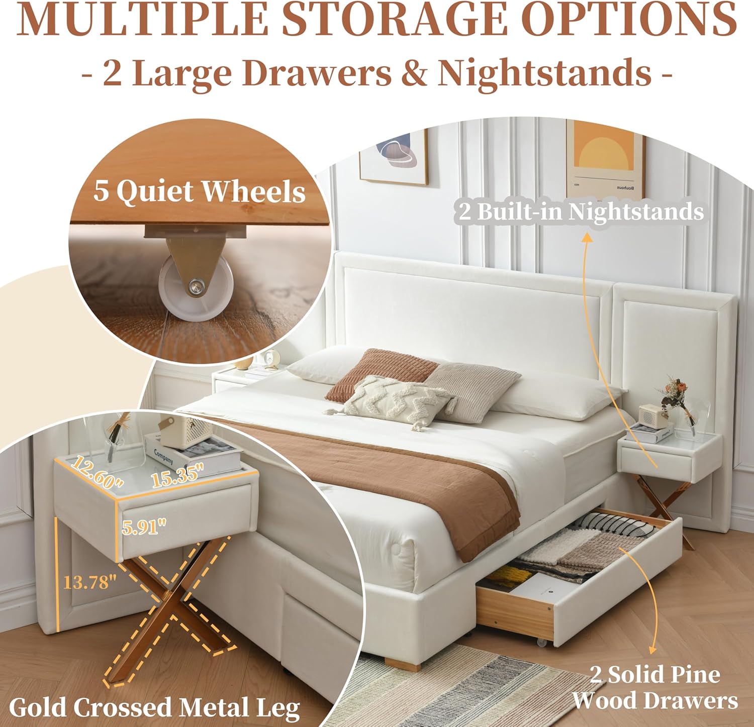 King Bed Frame with Storage, Bed Frame with Nightstands & Drawers, Velvet Upholstered Platform Bed Frame with Headboard, Noise-Free, Wood Slats, No Box Spring Needed, Easy Assembly, White