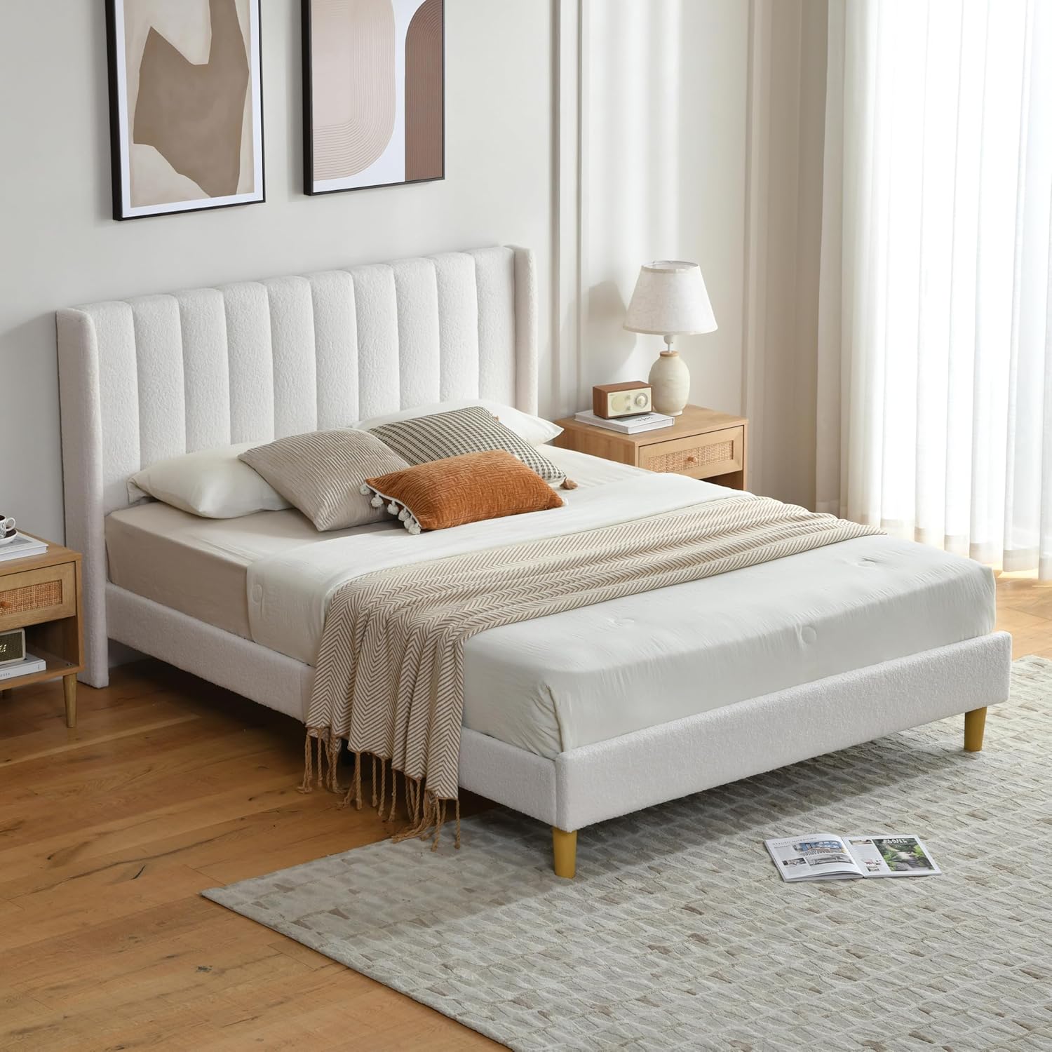 Twin Size Bed Frame, Velvet Upholstered Platform Bed with Vertical Channel Tufted Wingback Headboard, Wooden Slats Support, No Box Spring Needed, Noise-Free, Easy Assembly, Pink