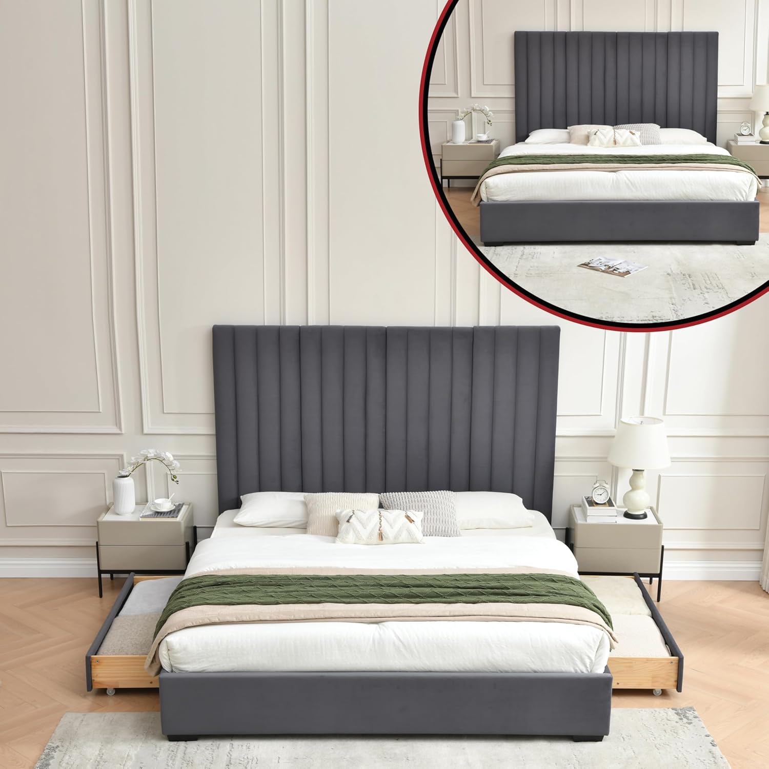 King Size Upholstered Bed Frame 61.42" Tall Headboard, Storage Bed with 2 Large Drawers, Velvet Platform Bed with Vertical Channel Tufted Headboard, No Box Spring Needed, Easy Assembly, Gray