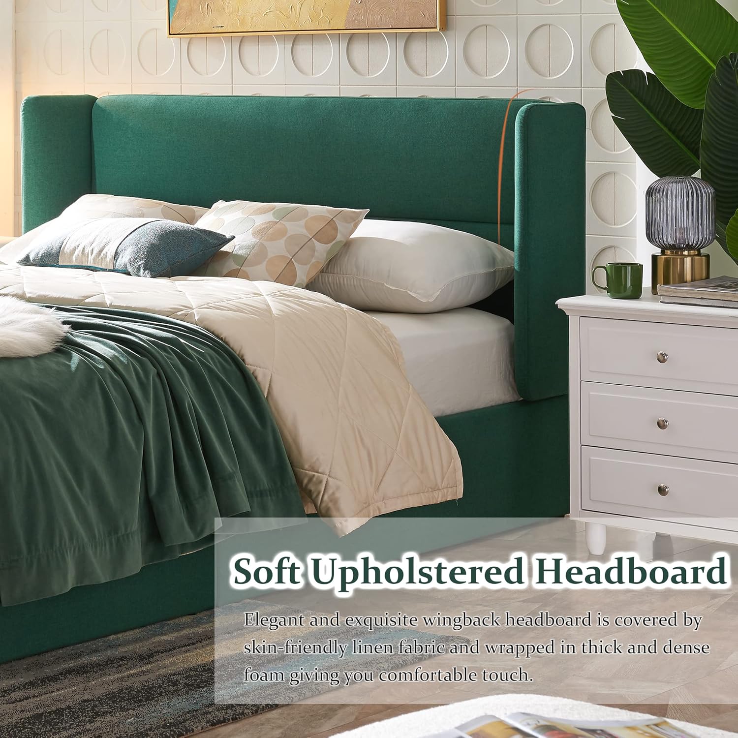 Full Size Upholstered Platform Bed Frame with Wingback Headboard, Wood Slats Support, Noiseless, Easy Assembly, No Box Spring Needed, Green