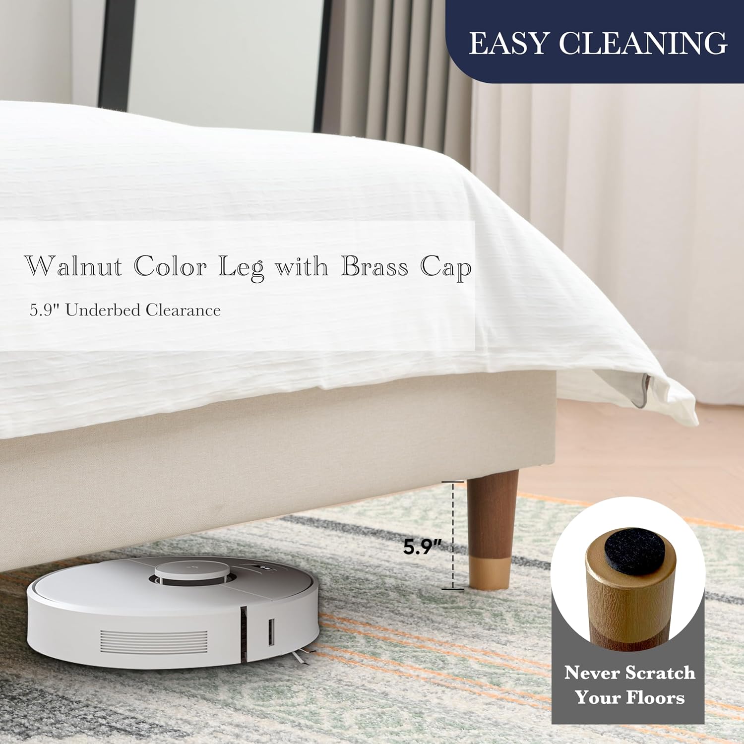 King Size Upholstered Platform Bed Frame, Linen Headboard, Metal Frame Wooden Slat Support, Golden PVC Material Edge,No Box Spring Needed, High Wood Foot, Easy to Assemble, Beige