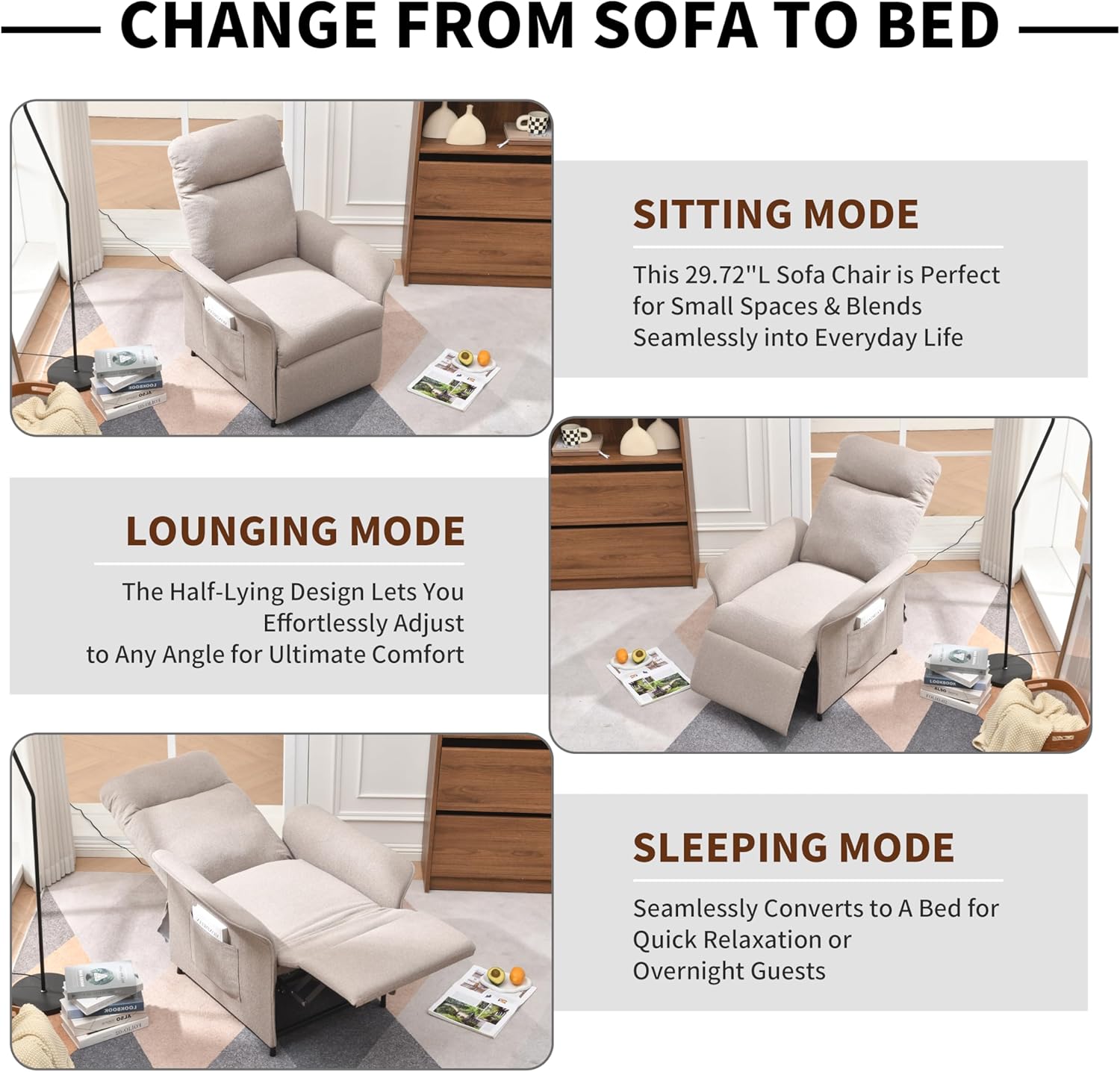 Power Recliner Chair, Adjustable Electric Recliner Chairs for Adults, Sleeper Sofa Bed with Remote Control & Side Pocket, Linen Upholstered Chair for Living Room/Bedroom, Easy Assembly,Brown