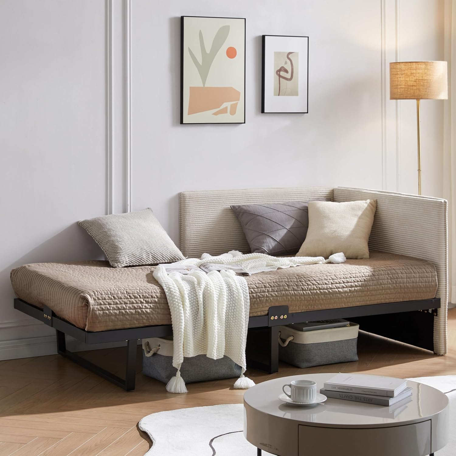 Twin Size Upholstered Daybed Frame, Corduroy Corner Sofa Bed, Guest Bed with Versatile Side Placement, Wood Slat Support, Kids & Teens Rooms, No Box Spring Needed, Easy Assembly, Cream