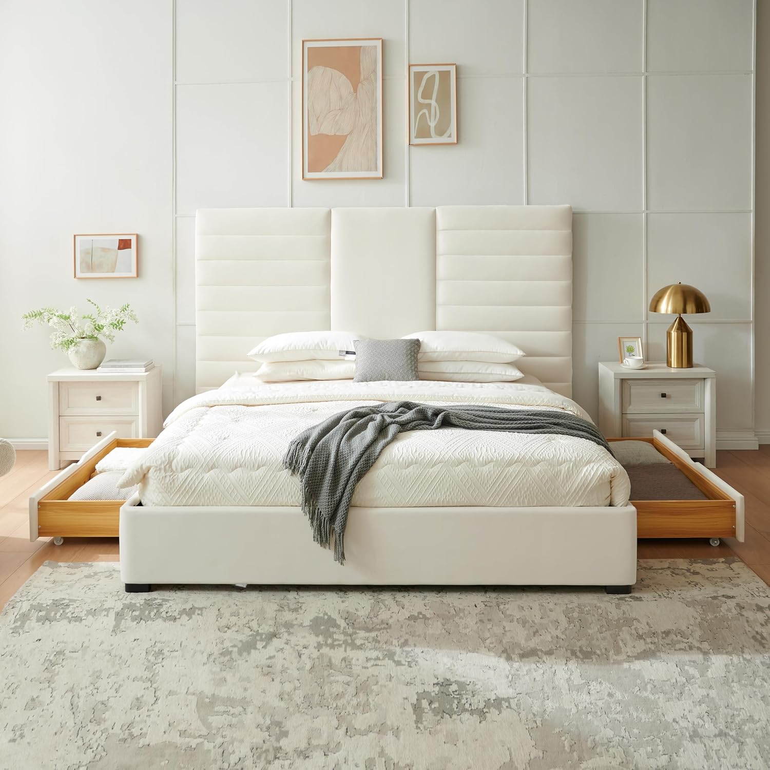 King Size Bed Frame with 2 Storage Drawers, Platform Bed Frame with Velvet Fabric, Wood Bed Frame with Headboard & Storage Underneath, Wooden Slats, No Box Spring Needed, Easy Assembly, Cream