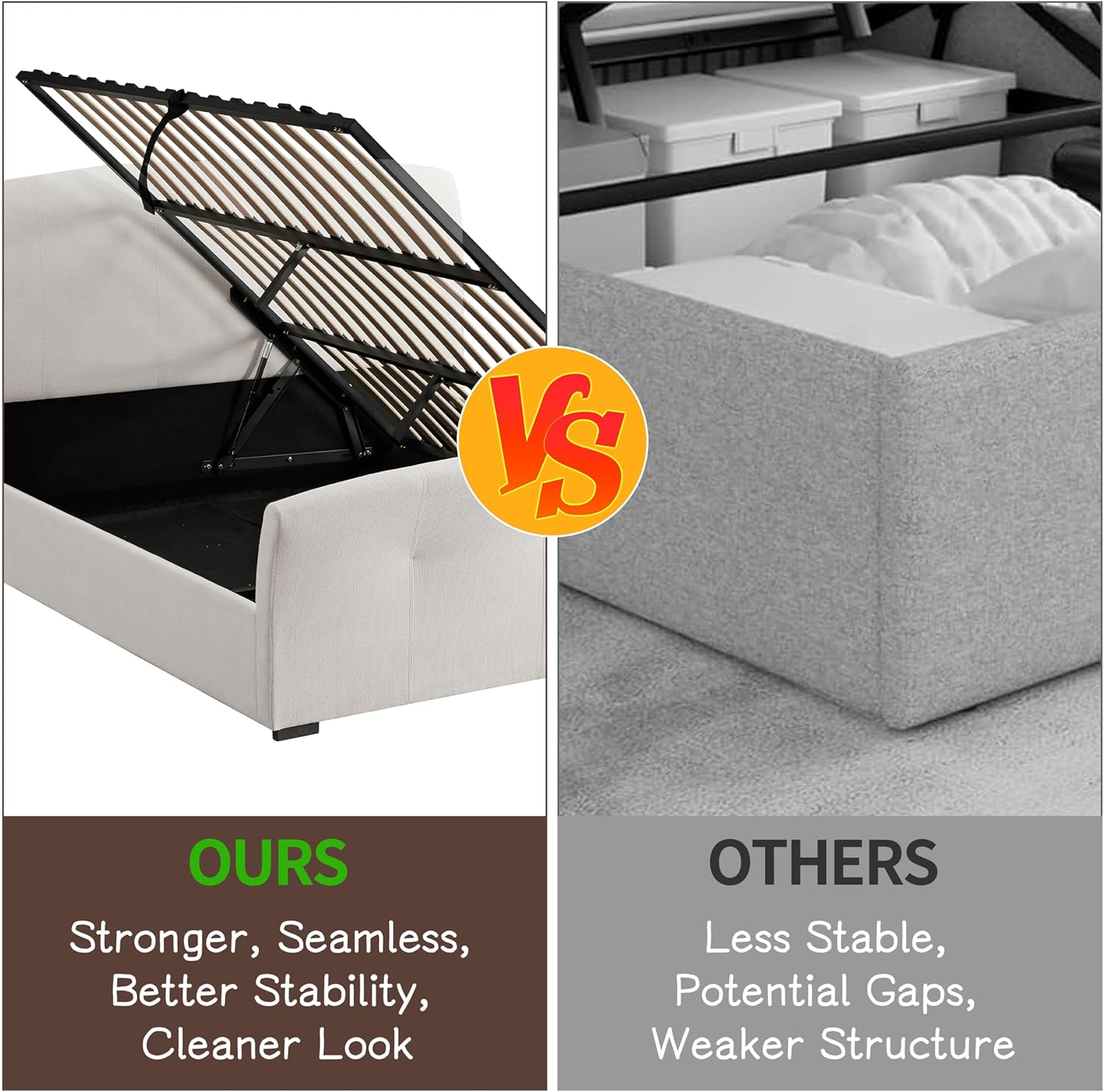 King Size Gas Lift Up Storage Bed, Bed Frame with Curved Upholstered Headboard & Button-Tufted Footboard,Hydraulic Support, Wood Slats, No Box Spring Needed, Easy Assemble, White