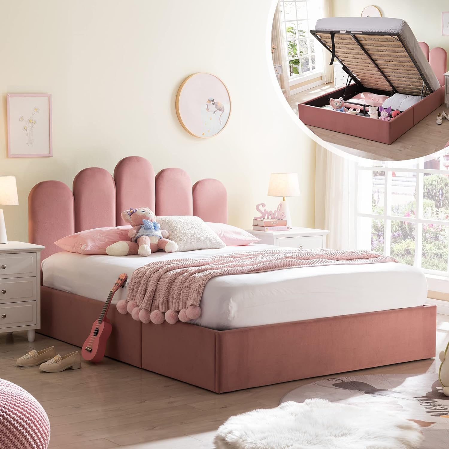 Lift Up Storage Bed Full Size, Upholstered Platform Bed with Hydraulic Storage System & Wood Slats Support, Full Bed Frame with Headboard, No Box Spring Needed, Easy Assembly, Green
