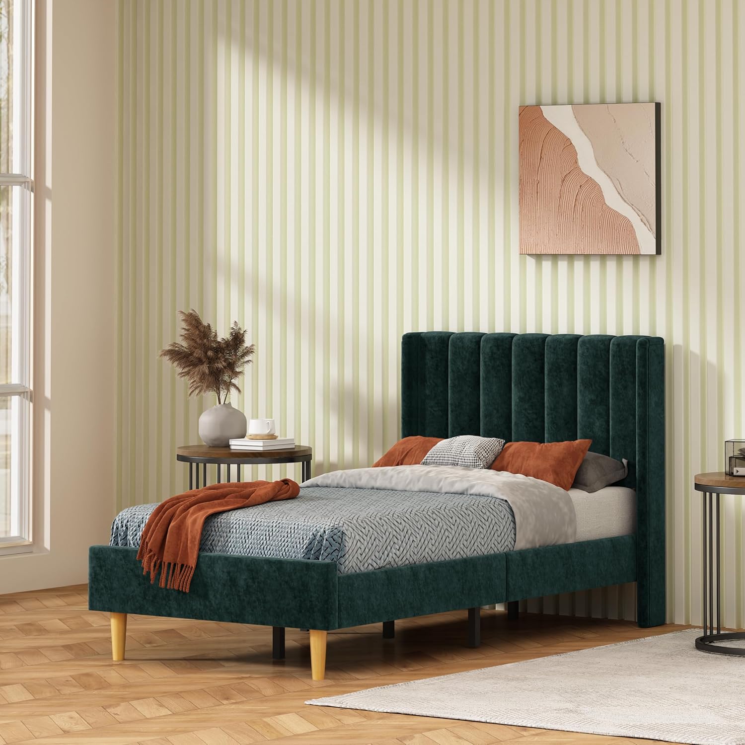 Twin Size Platform Bed Frame with Wingback Headboard, Velvet Fabric Upholsteredand, Metal Frame & Wooden Slats Support, No Box Spring Needed, Easy Assembly, Gray