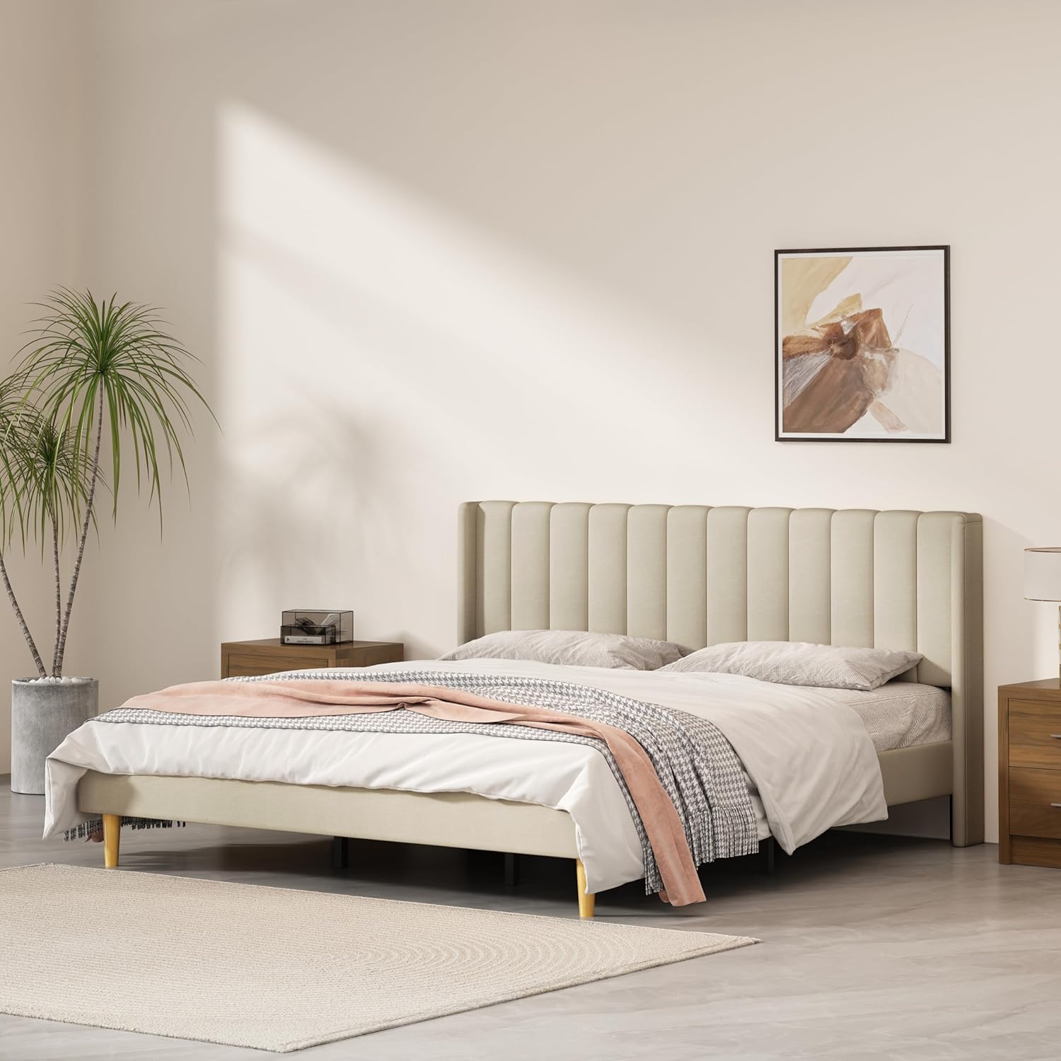 Queen Size Upholstered Platform Bed Frame with Headboard and Legsboard, Wooden Slats, Velvet Fabric, 5.9" Wood Bed Legs, No Box Spring Needed, Easy Assembly, Cream