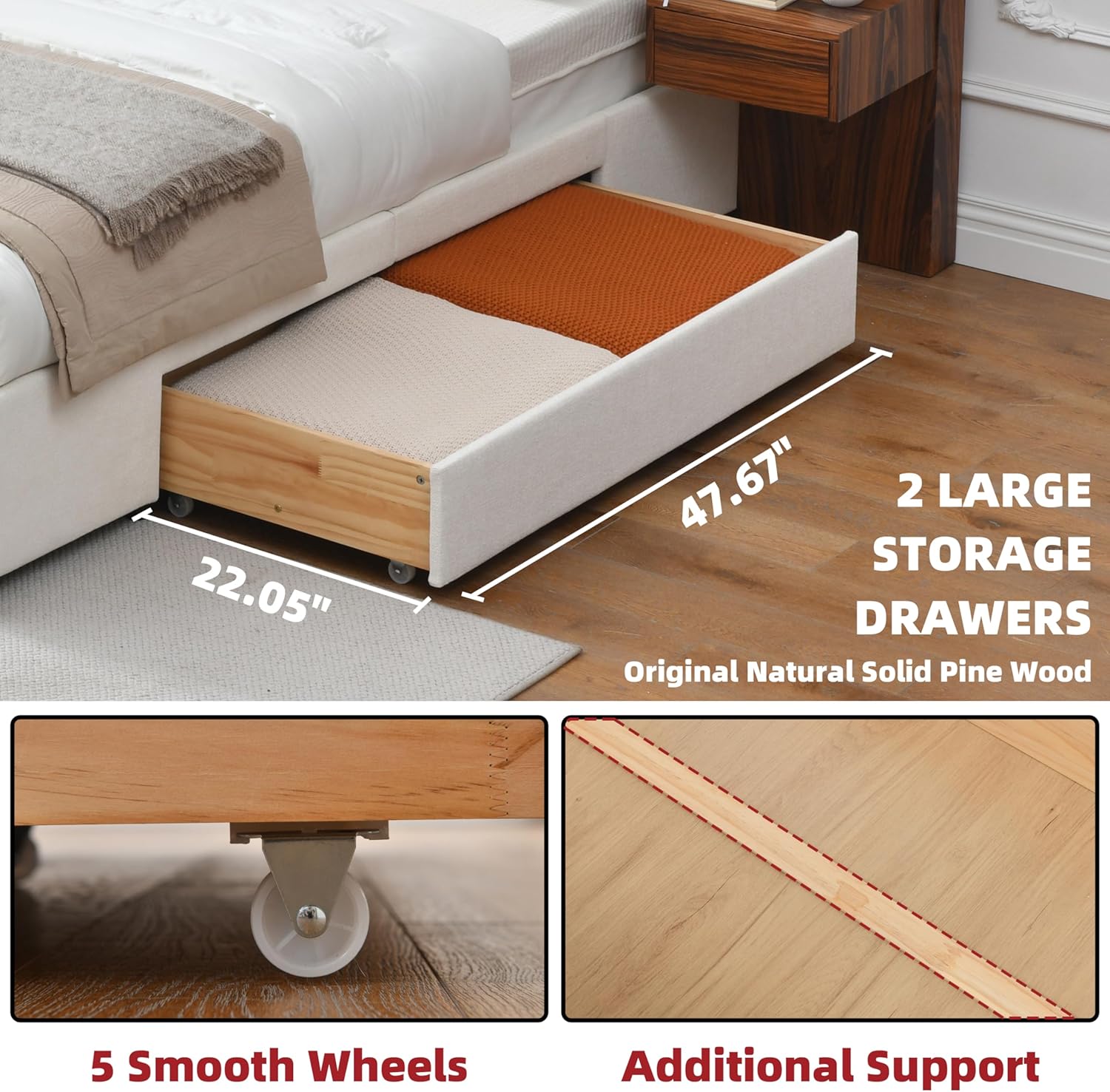 King Size Wood Bed Frame with Built-in Nightstands, Linen Platform Bed Frame with 2 Drawers, Natural Wood Grain & Luxury Upholstered Storage Headboard, No Box Spring Needed, Easy Assembly, Cream