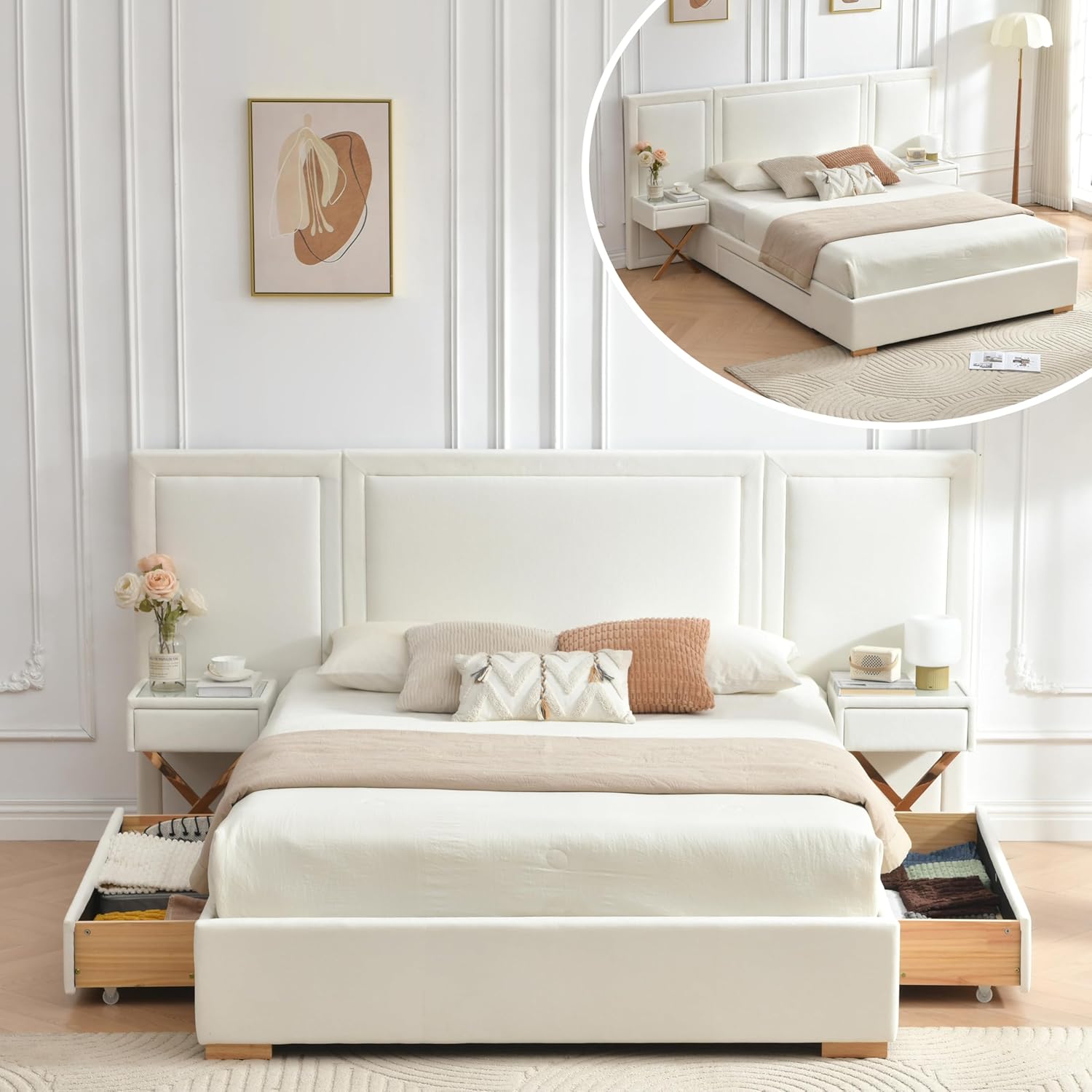 King Bed Frame with Storage, Bed Frame with Nightstands & Drawers, Velvet Upholstered Platform Bed Frame with Headboard, Noise-Free, Wood Slats, No Box Spring Needed, Easy Assembly, White