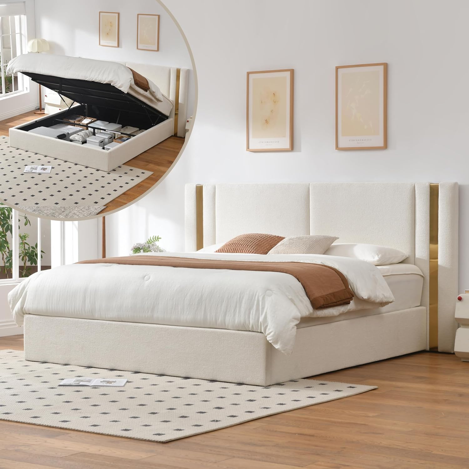 Queen Size Lift Up Storage Bed, Upholstered Platform Bed Frame with Linen Fabric, Solid-Platform Bed with Wide Headboard, Hydraulic Storage, No Box Spring Needed, Eay Assembly, Mink