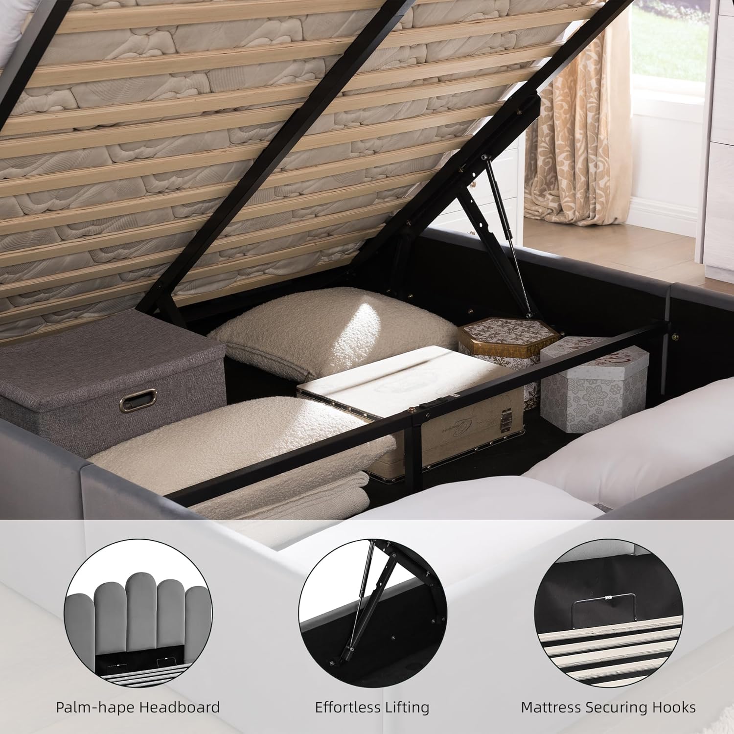 Queen Size Lift Up Storage Bed, Velvet Headboard Upholstered Platform Bed Frame, Hydraulic Storage System, Wooden Slats Support, No Box Spring Needed, Easy Assembly, Gray
