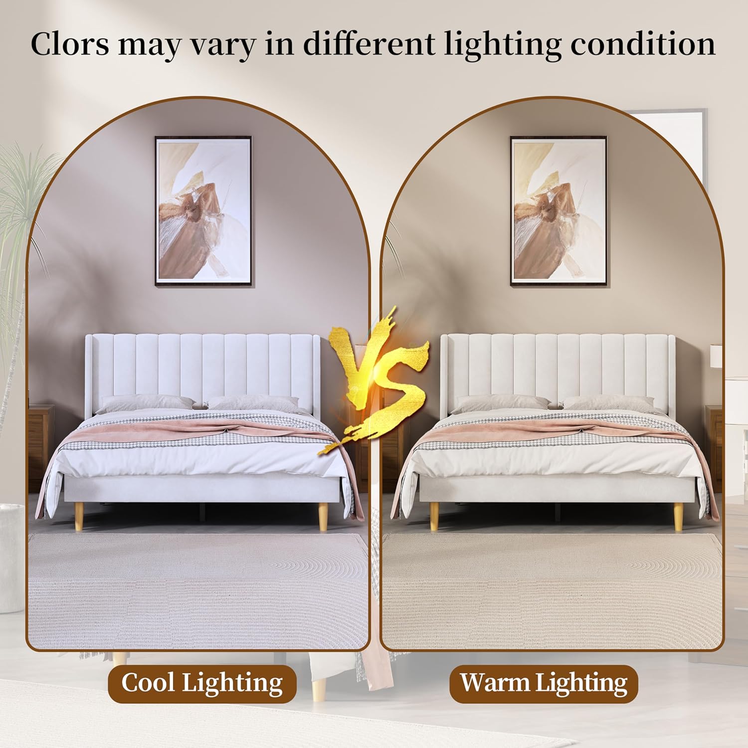 Queen Size Upholstered Platform Bed Frame with Headboard and Legsboard, Wooden Slats, Velvet Fabric, 5.9" Wood Bed Legs, No Box Spring Needed, Easy Assembly, Cream