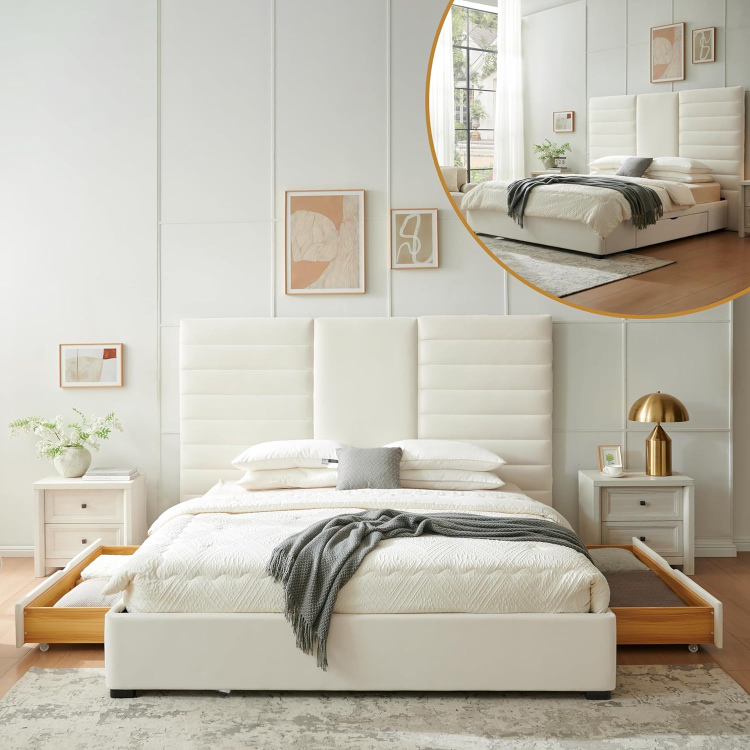 King Size Bed Frame with 2 Storage Drawers, Platform Bed Frame with Velvet Fabric, Wood Bed Frame with Headboard & Storage Underneath, Wooden Slats, No Box Spring Needed, Easy Assembly, Cream