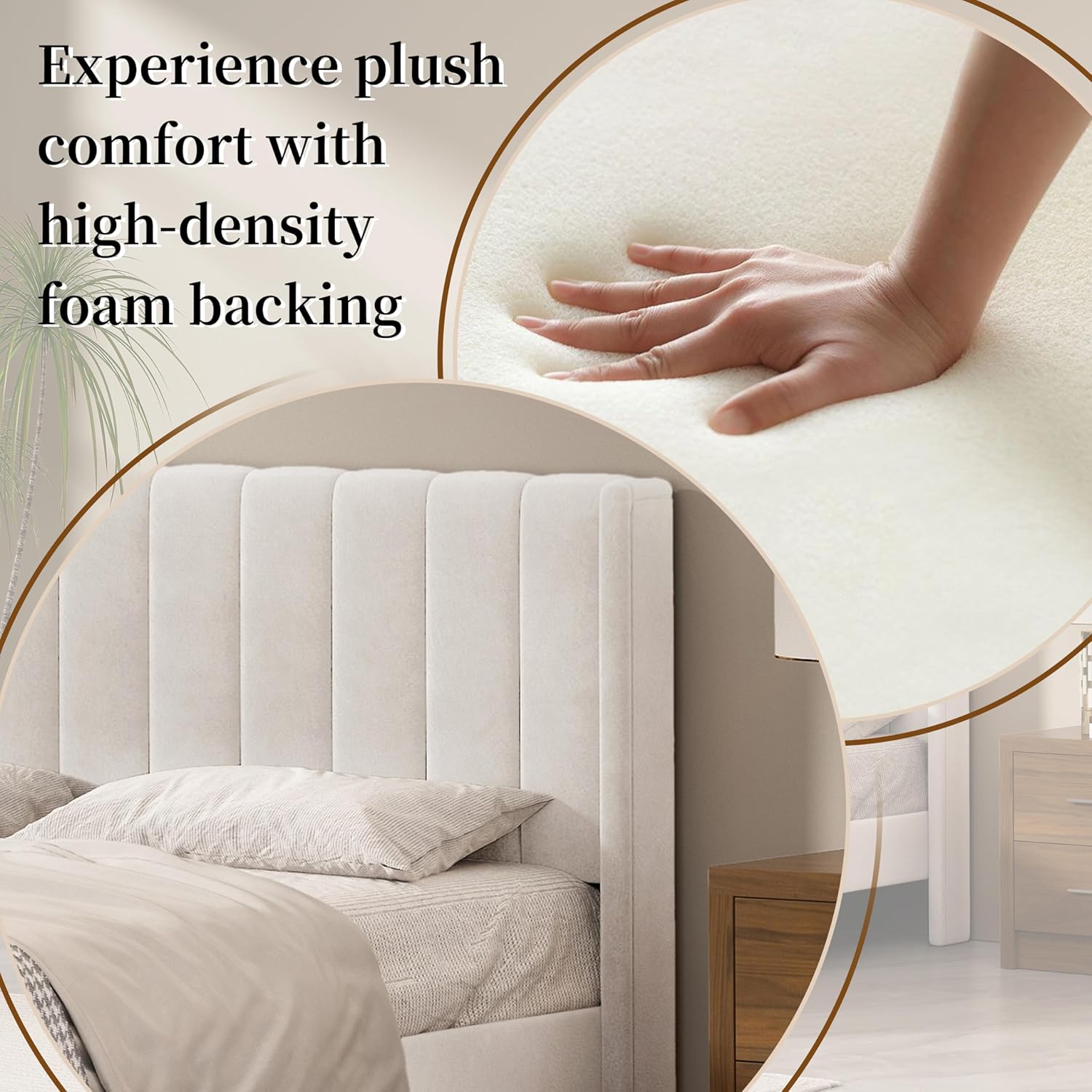 Queen Size Upholstered Platform Bed Frame with Headboard and Legsboard, Wooden Slats, Velvet Fabric, 5.9" Wood Bed Legs, No Box Spring Needed, Easy Assembly, Cream