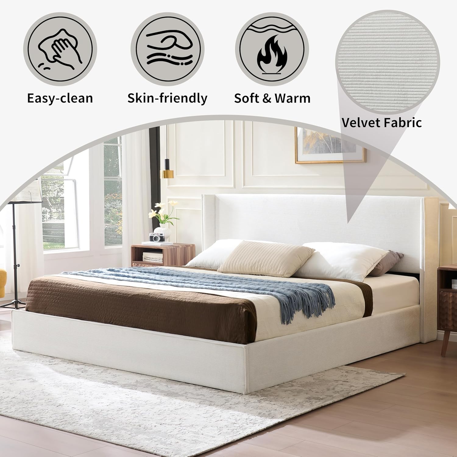 King Size Upholostered Bed Frame with Gas Lift Storage, Modern Wingback Headboard, Hydraulic Support, Corduroy Fabric, Sturdy, No Box Spring Needed, Easy Assembly, Cream