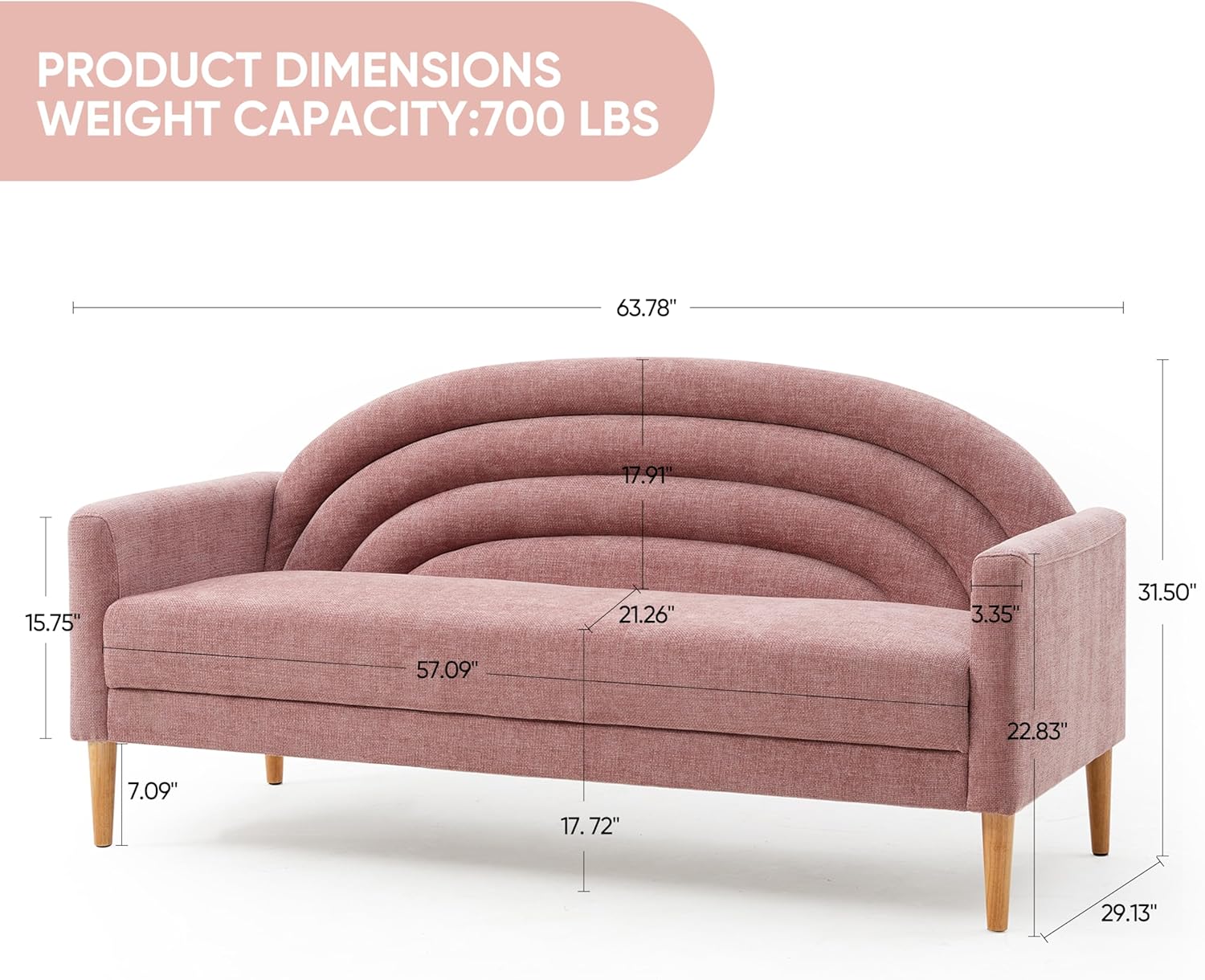 64.17" W Modern Loveseat Sofa Simple Assembly 3-Seat Couch for Living Room Wooden Legs Linen Upholstery (Pink)