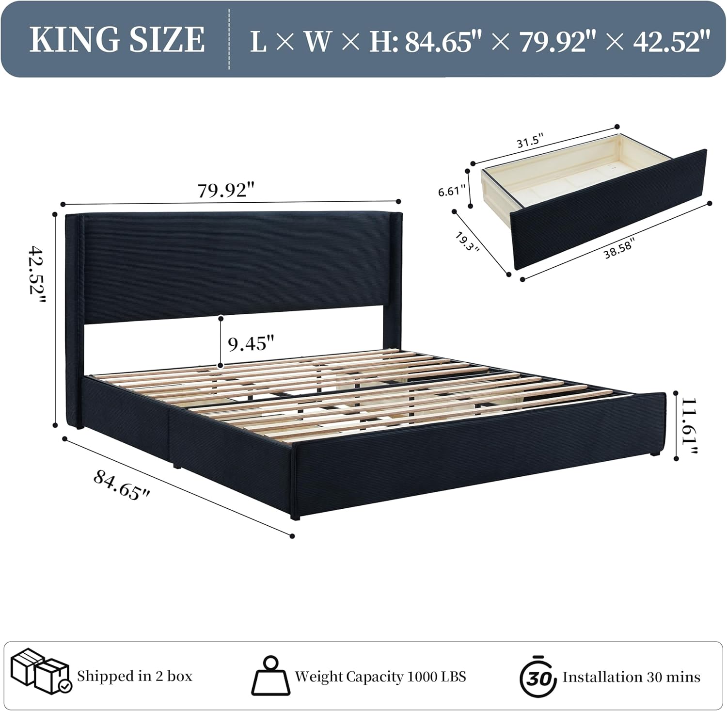 King Size Platform Bed Frame with 4 Storage Drawers, Upholstered Headboard, Wooden Slats Support, Fully Upholstered Mattress Foundation, No Box Spring Needed, Easy Assembly, Black