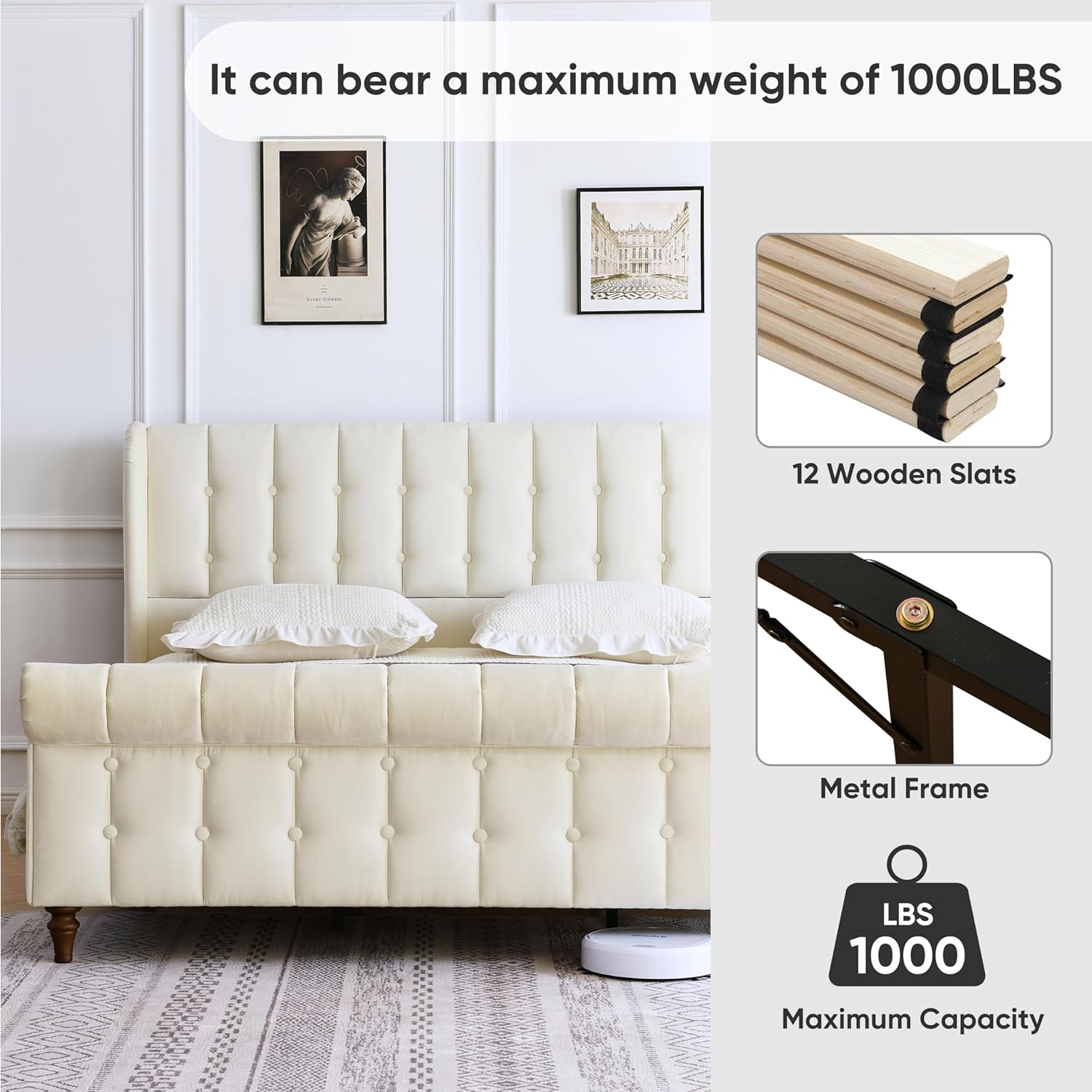 King Size Platform Bed Frame, Velvet Upholstered Sleigh Bed, Deep Button Tufted Wingback Headboard & Footboard, Wood Slat Support, No Box Spring Required, Easy Assemble, Cream