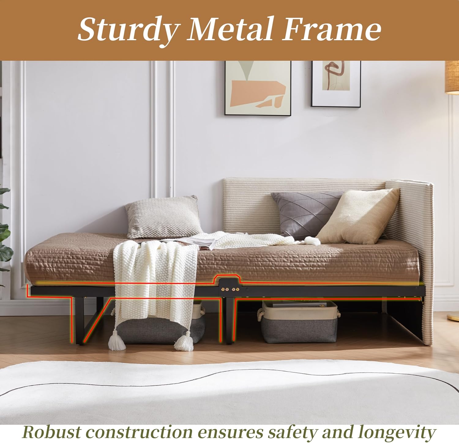 Twin Size Upholstered Daybed Frame, Corduroy Corner Sofa Bed, Guest Bed with Versatile Side Placement, Wood Slat Support, Kids & Teens Rooms, No Box Spring Needed, Easy Assembly, Cream