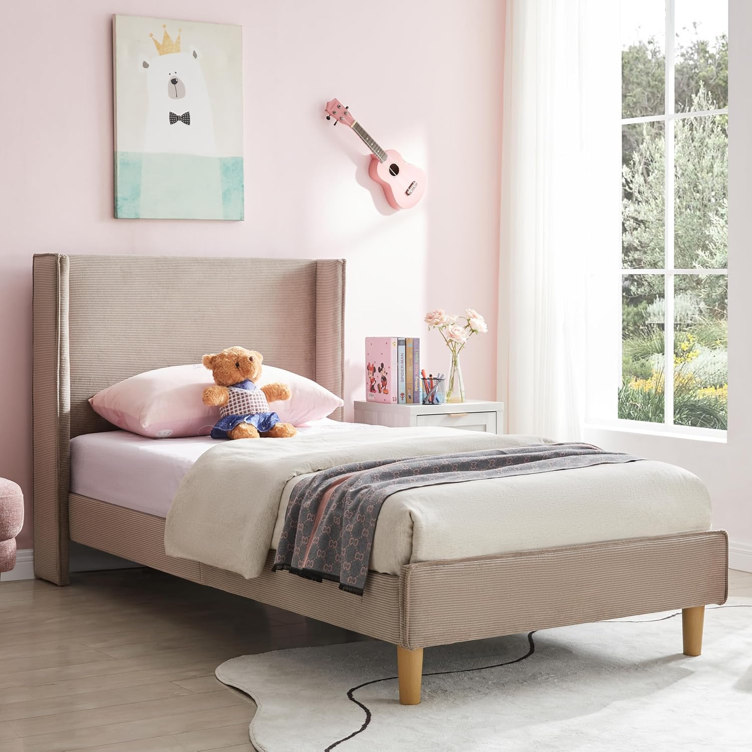 King Size Upholstered Platform Bed Frame with Modern Wingback Headboard, Corduroy Bed Frame with Underneath Storage, Wooden SLats Support, No Box Spring Needed, Easy Assenmbly, Turtle